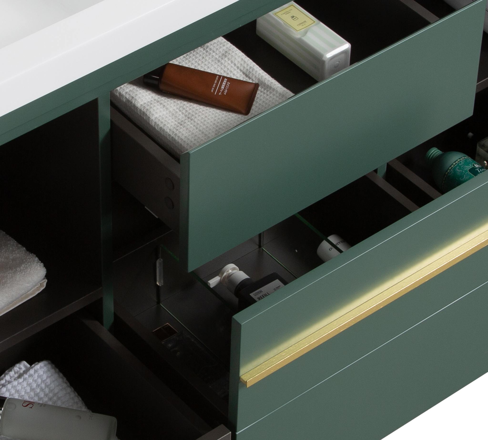 Granada 35.5 Nordic Green With Brush Gold Handle Cabinet, Square Cultured Marble Sink, Free Standing Modern Vanity Set
