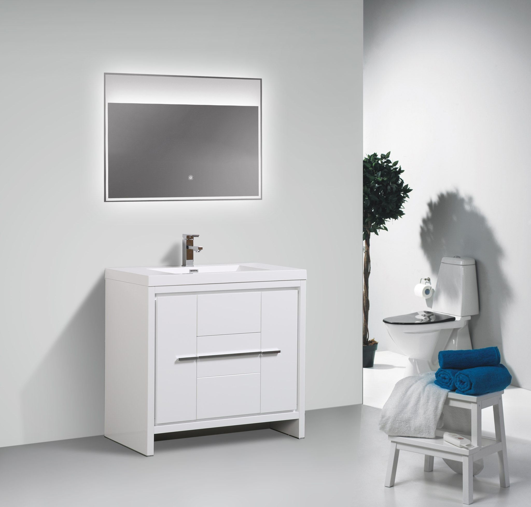 Granada 35.5 White High Gloss With Chrome Handle Cabinet, Square Cultured Marble Sink, Free Standing Modern Vanity Set 