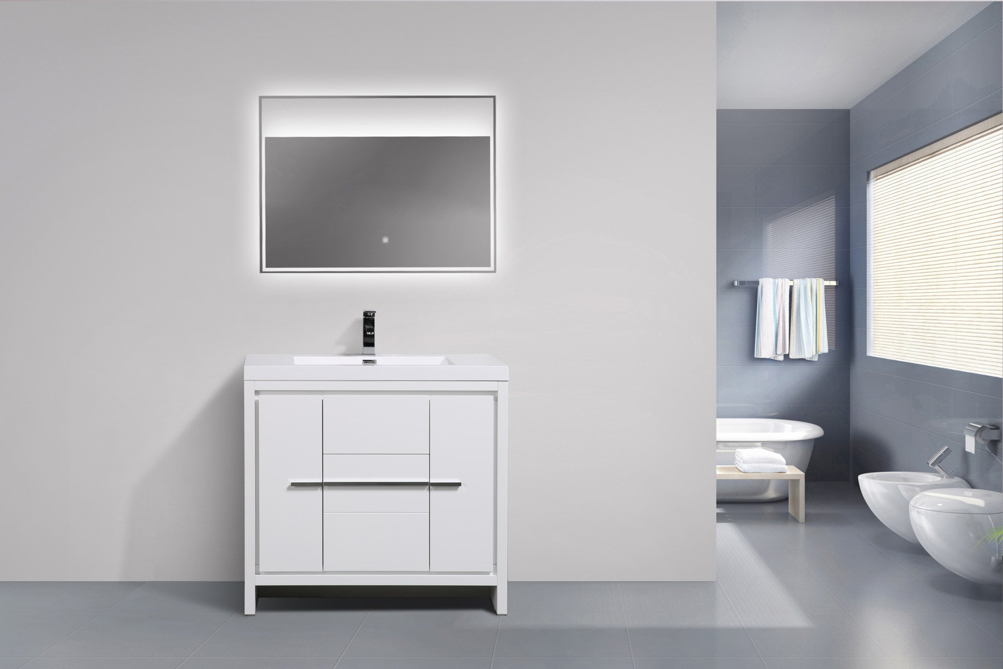 Granada 35.5 White High Gloss With Chrome Handle Cabinet, Square Cultured Marble Sink, Free Standing Modern Vanity Set 