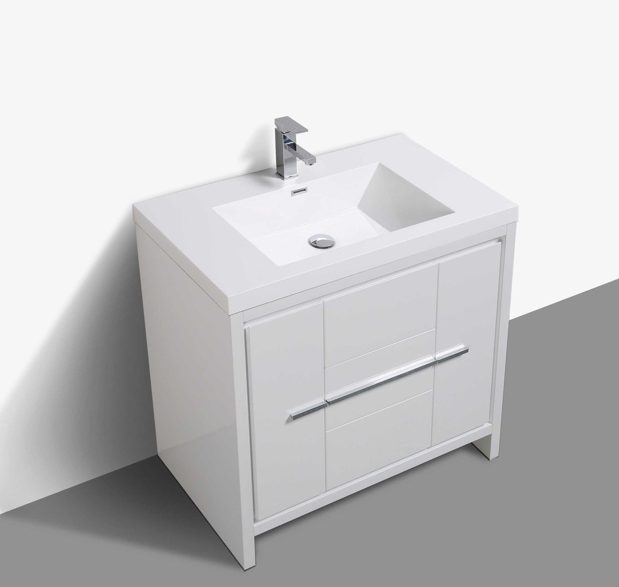 Granada 35.5 White High Gloss With Chrome Handle Cabinet, Square Cultured Marble Sink, Free Standing Modern Vanity Set