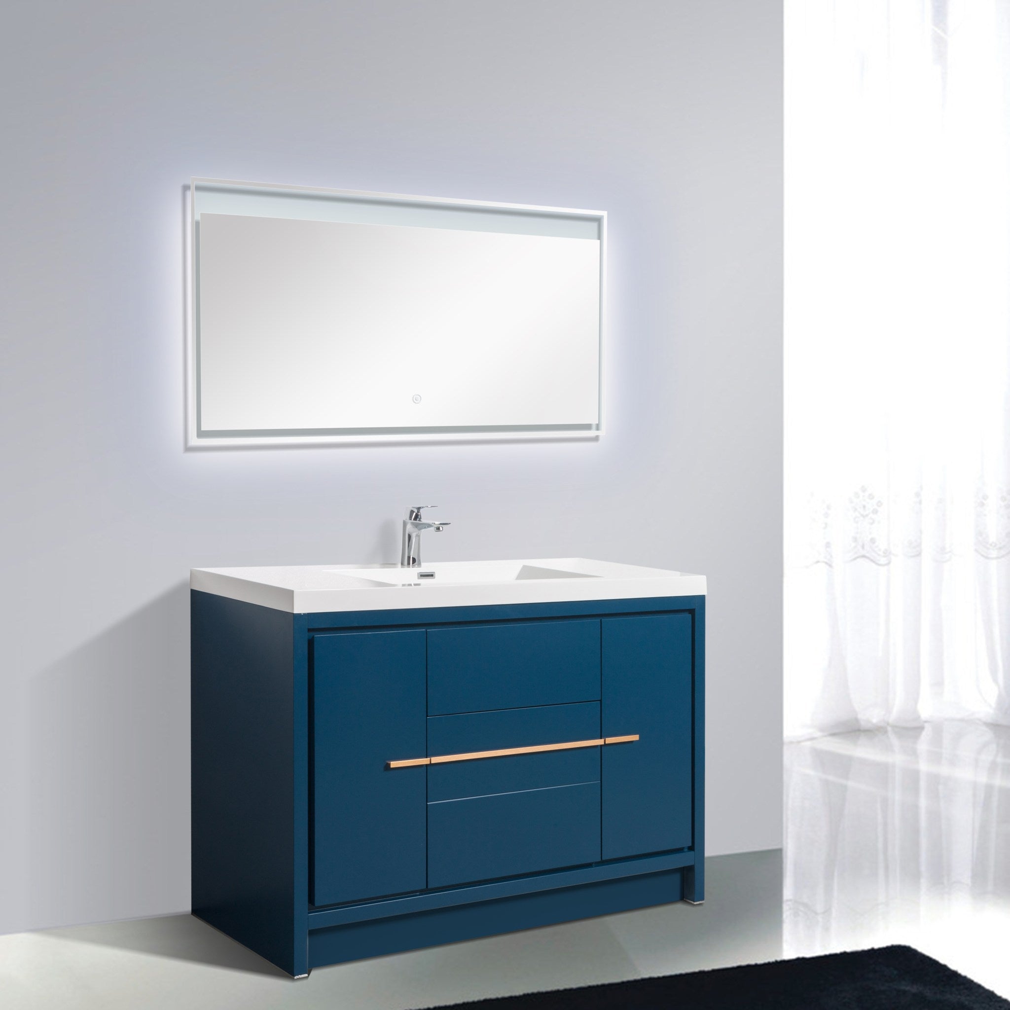 Granada 47.5 Matte Blue With Brush Rose Gold Handle Cabinet, Square Cultured Marble Sink, Free Standing Modern Vanity Set