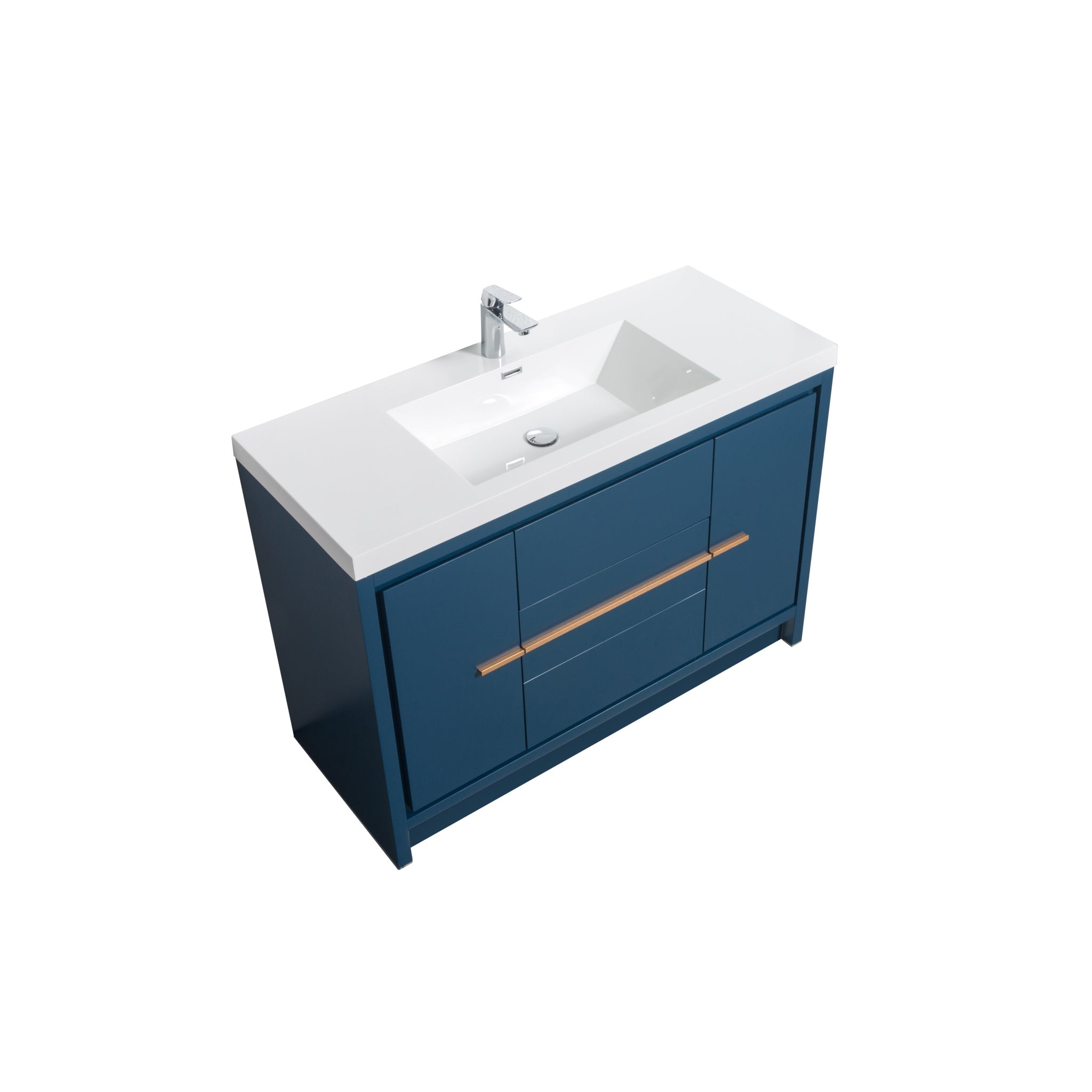 Granada 47.5 Matte Blue With Brush Rose Gold Handle Cabinet, Square Cultured Marble Sink, Free Standing Modern Vanity Set