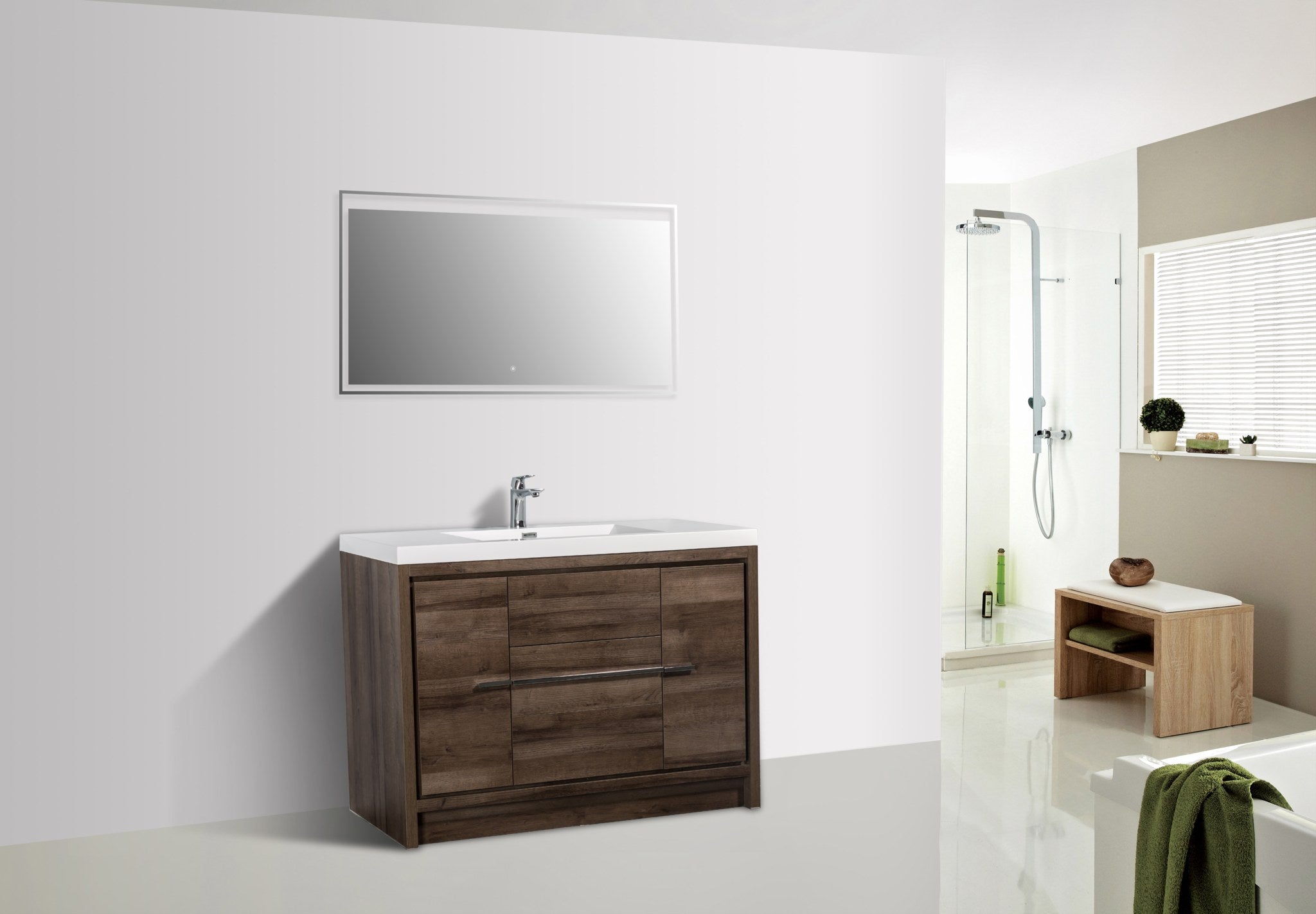 Granada 47.5 Brown Oak With Chrome Handle Cabinet, Square Cultured Marble Sink, Free Standing Modern Vanity Set