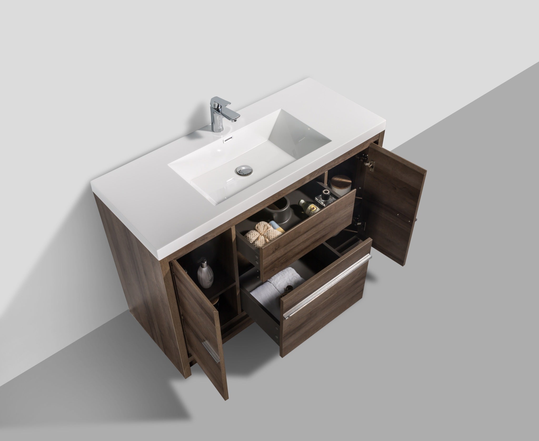 Granada 47.5 Brown Oak With Chrome Handle Cabinet, Square Cultured Marble Sink, Free Standing Modern Vanity Set