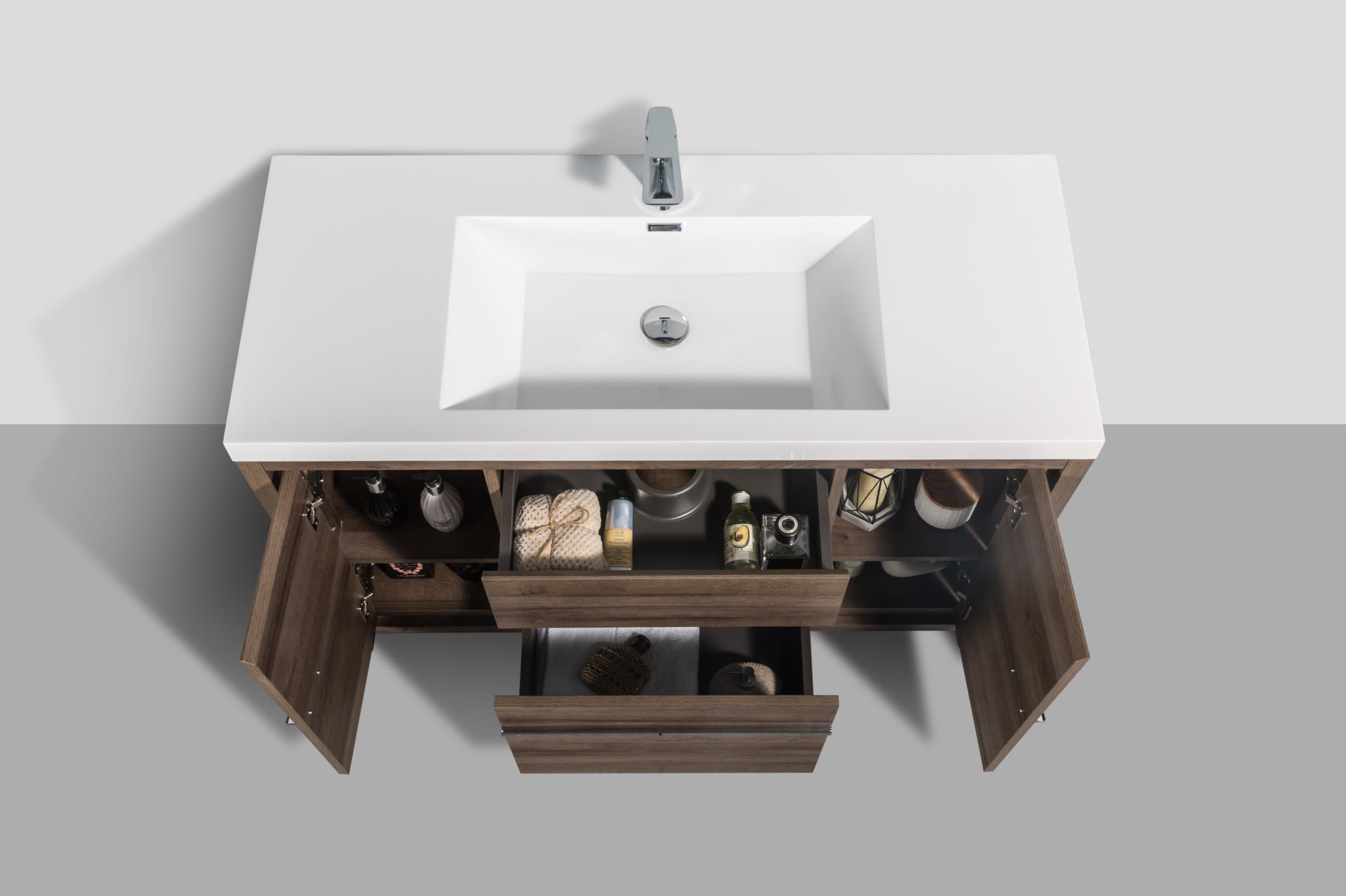 Granada 47.5 Brown Oak With Chrome Handle Cabinet, Square Cultured Marble Sink, Free Standing Modern Vanity Set