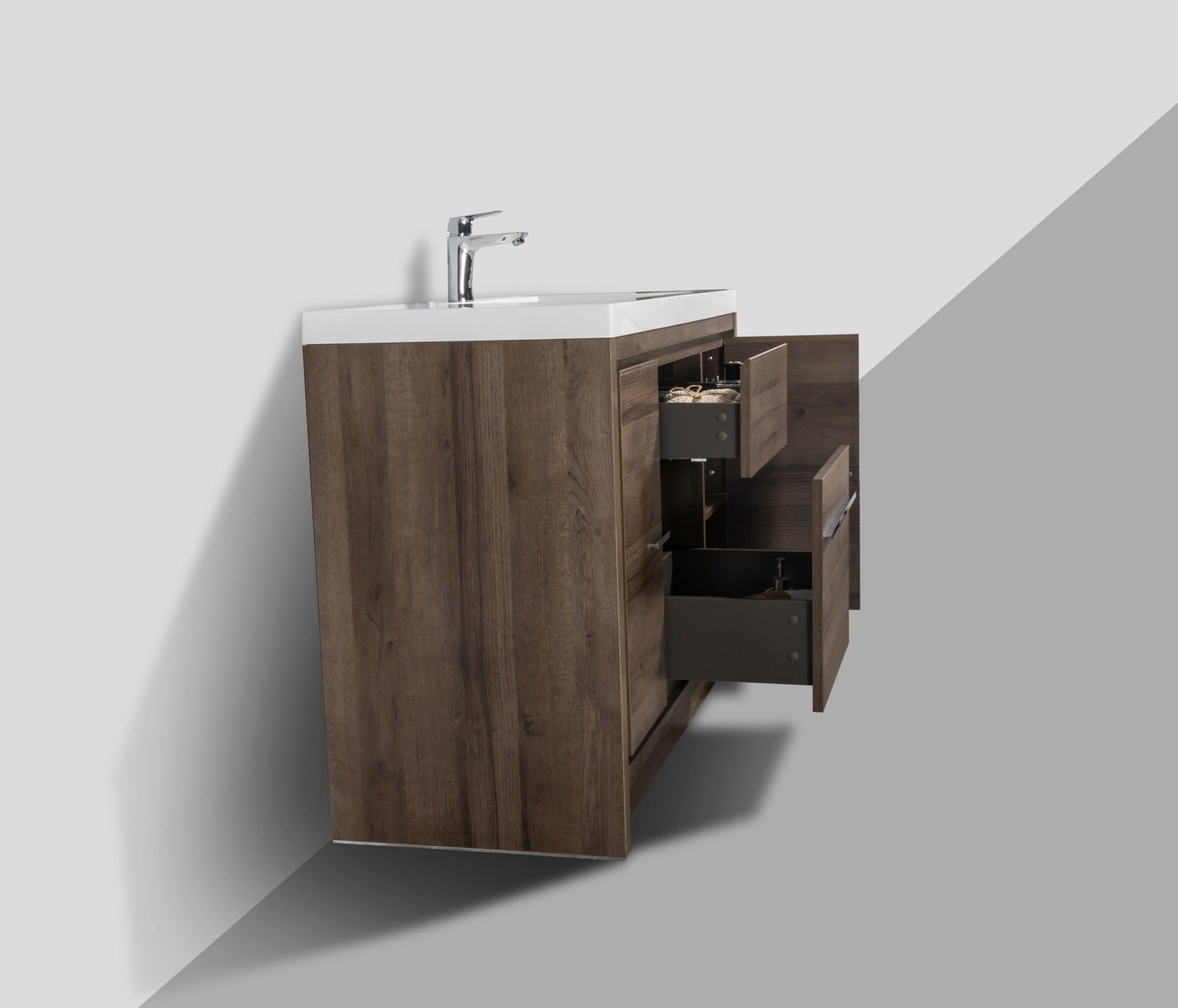 Granada 47.5 Brown Oak With Chrome Handle Cabinet, Square Cultured Marble Sink, Free Standing Modern Vanity Set