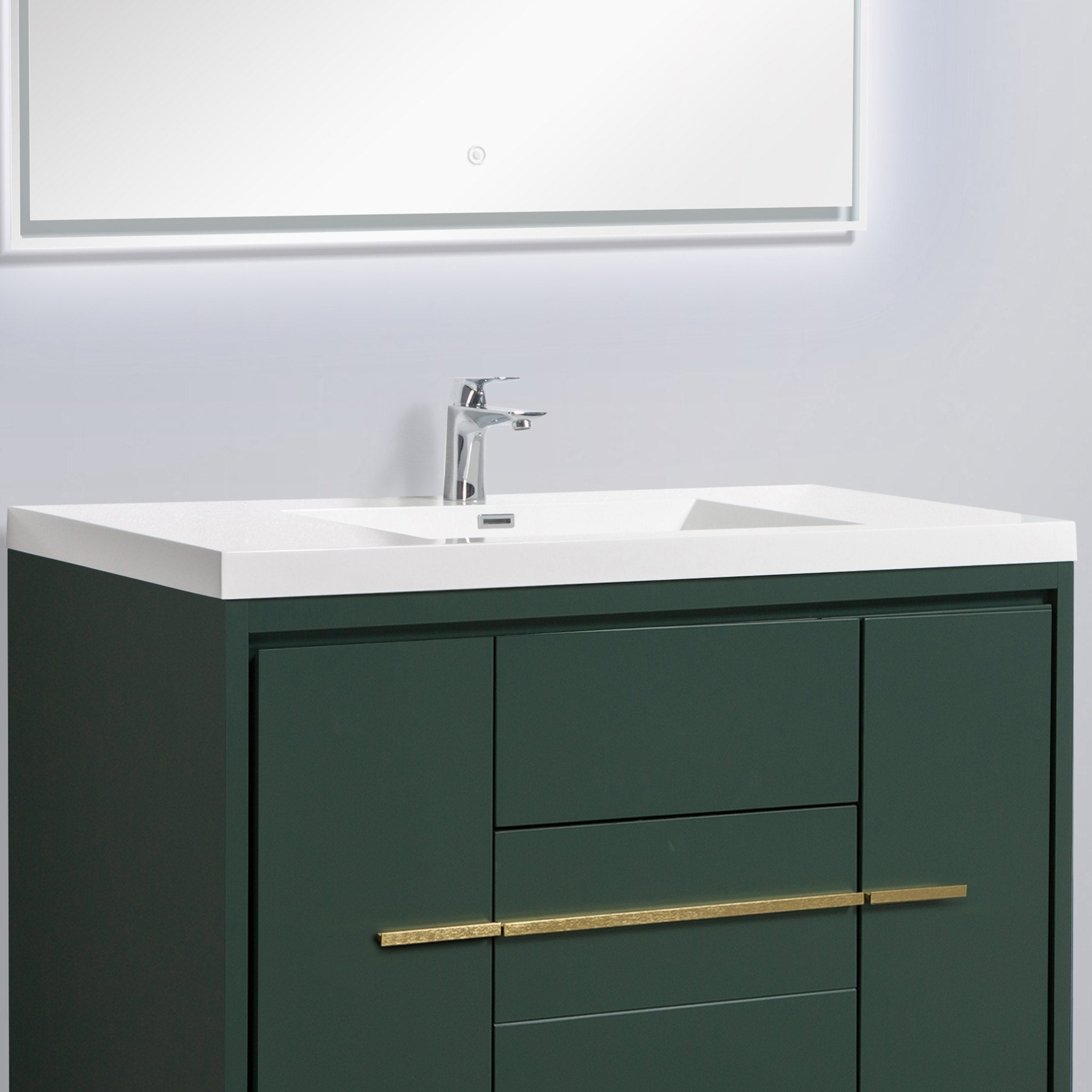 Granada 47.5 Nordic Green With Brush Gold Handle Cabinet, Square Cultured Marble Sink, Free Standing Modern Vanity Set