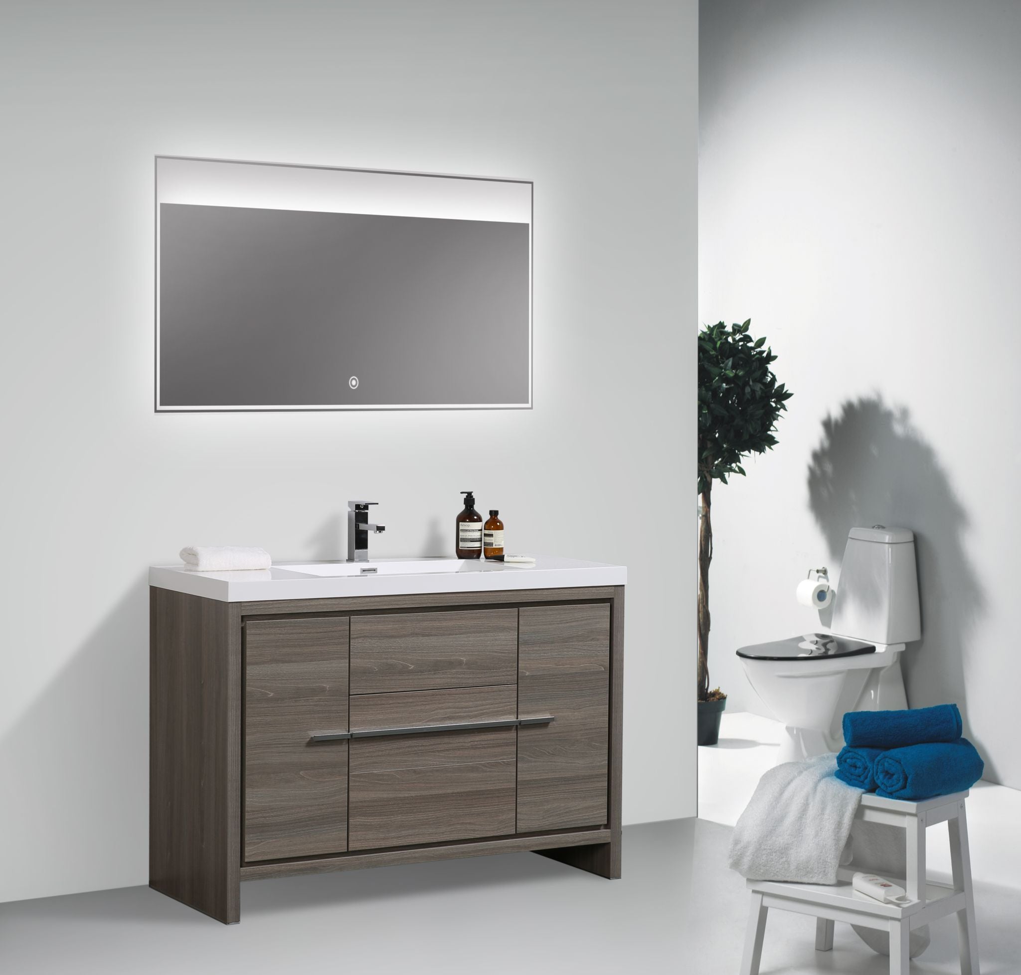 Granada 47.5 Maple Grey With Chrome Handle Cabinet, Square Cultured Marble Sink, Free Standing Modern Vanity Set
