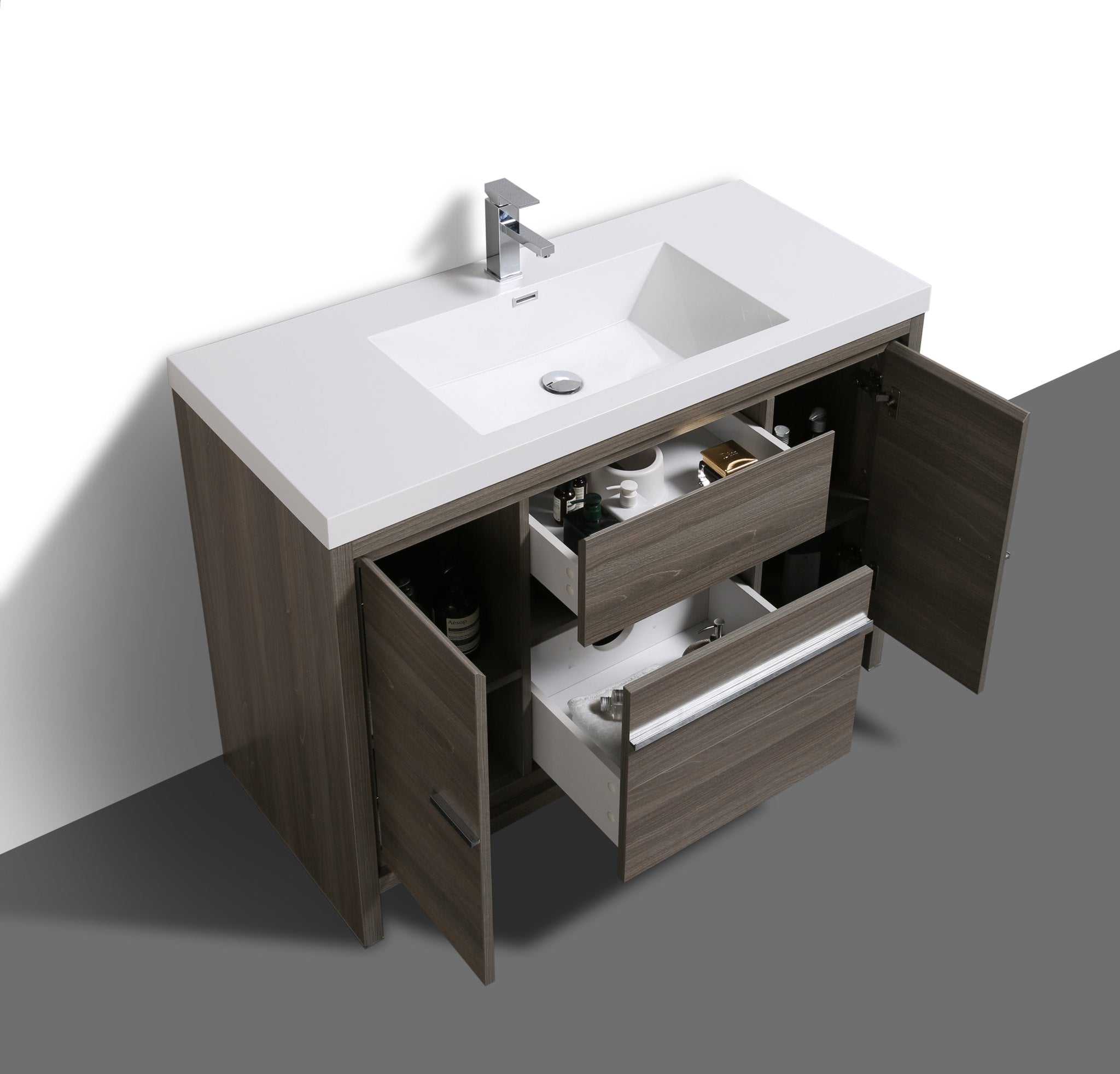 Granada 47.5 Maple Grey With Chrome Handle Cabinet, Square Cultured Marble Sink, Free Standing Modern Vanity Set 