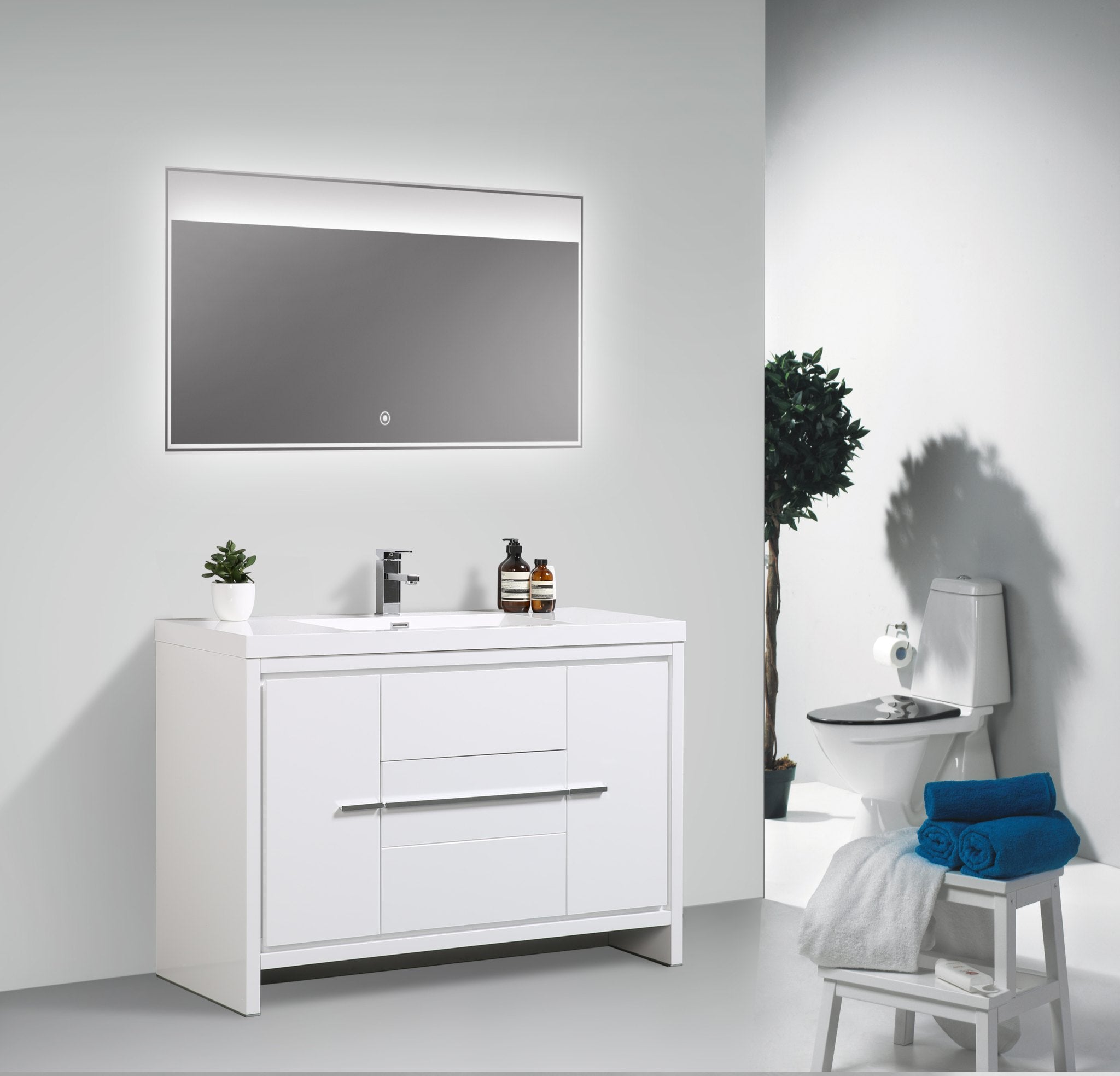 Granada 47.5 White High Gloss With Chrome Handle Cabinet, Square Cultured Marble Sink, Free Standing Modern Vanity Set