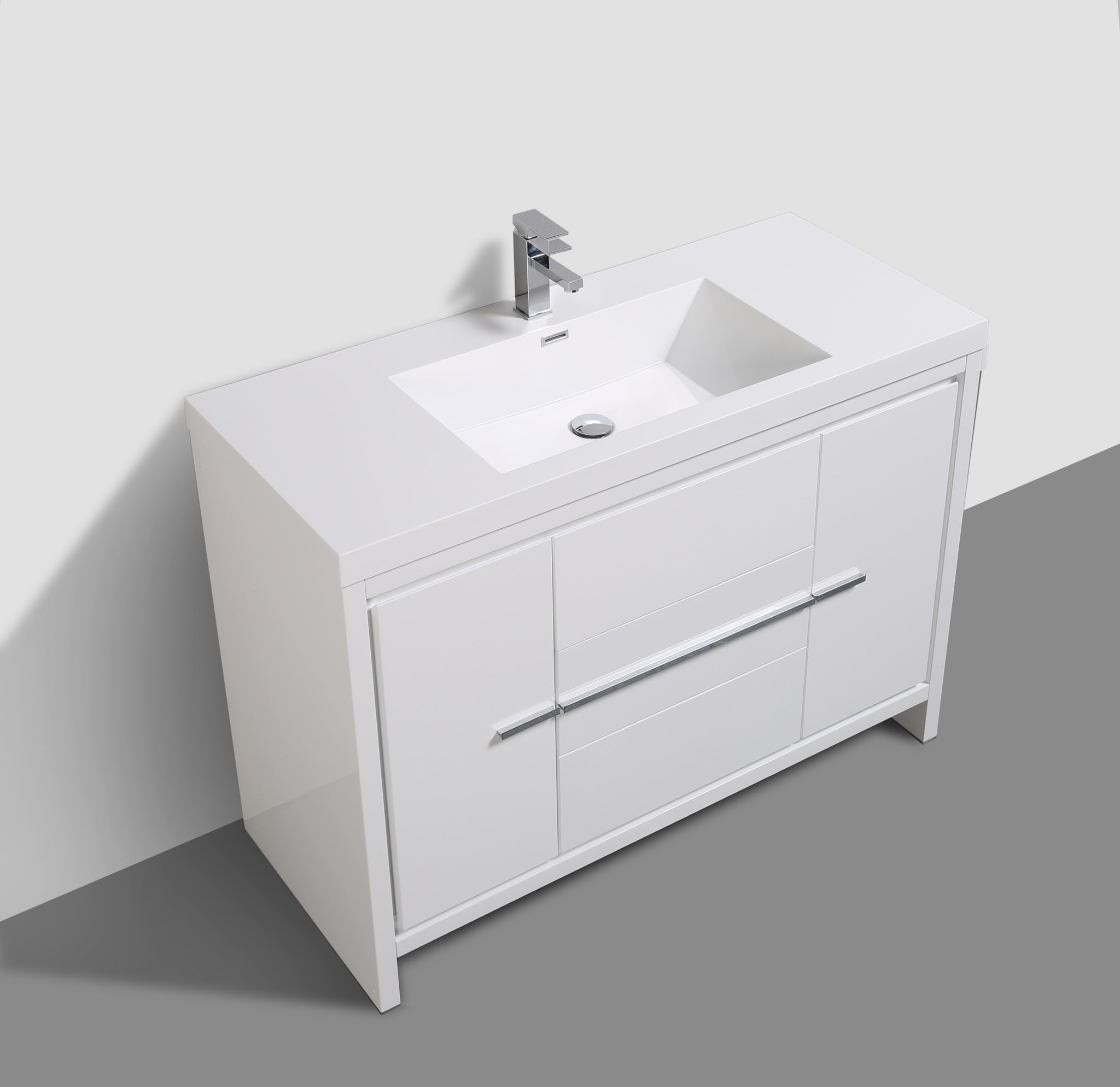 Granada 47.5 White High Gloss With Chrome Handle Cabinet, Square Cultured Marble Sink, Free Standing Modern Vanity Set