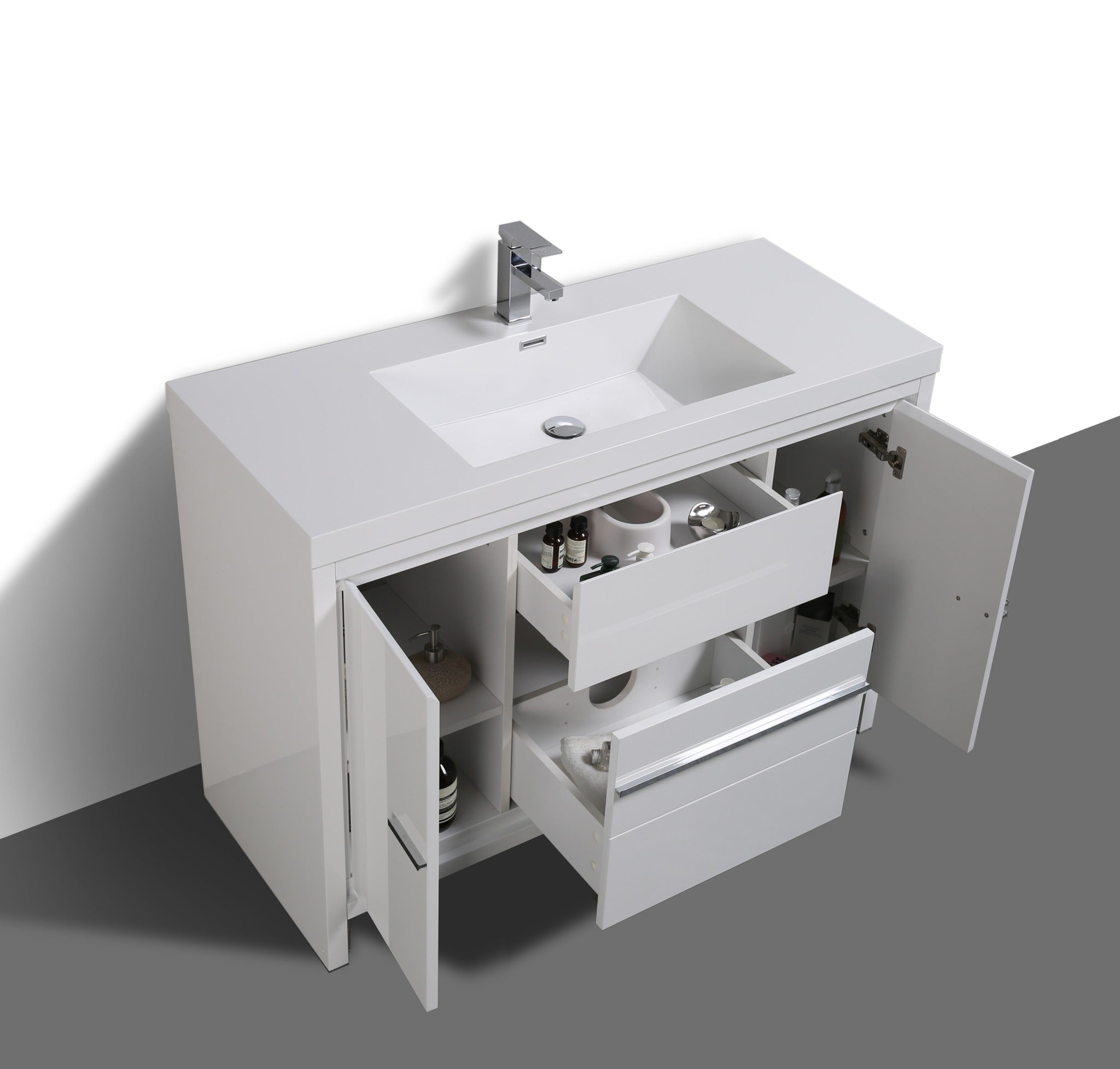 Granada 47.5 White High Gloss With Chrome Handle Cabinet, Square Cultured Marble Sink, Free Standing Modern Vanity Set