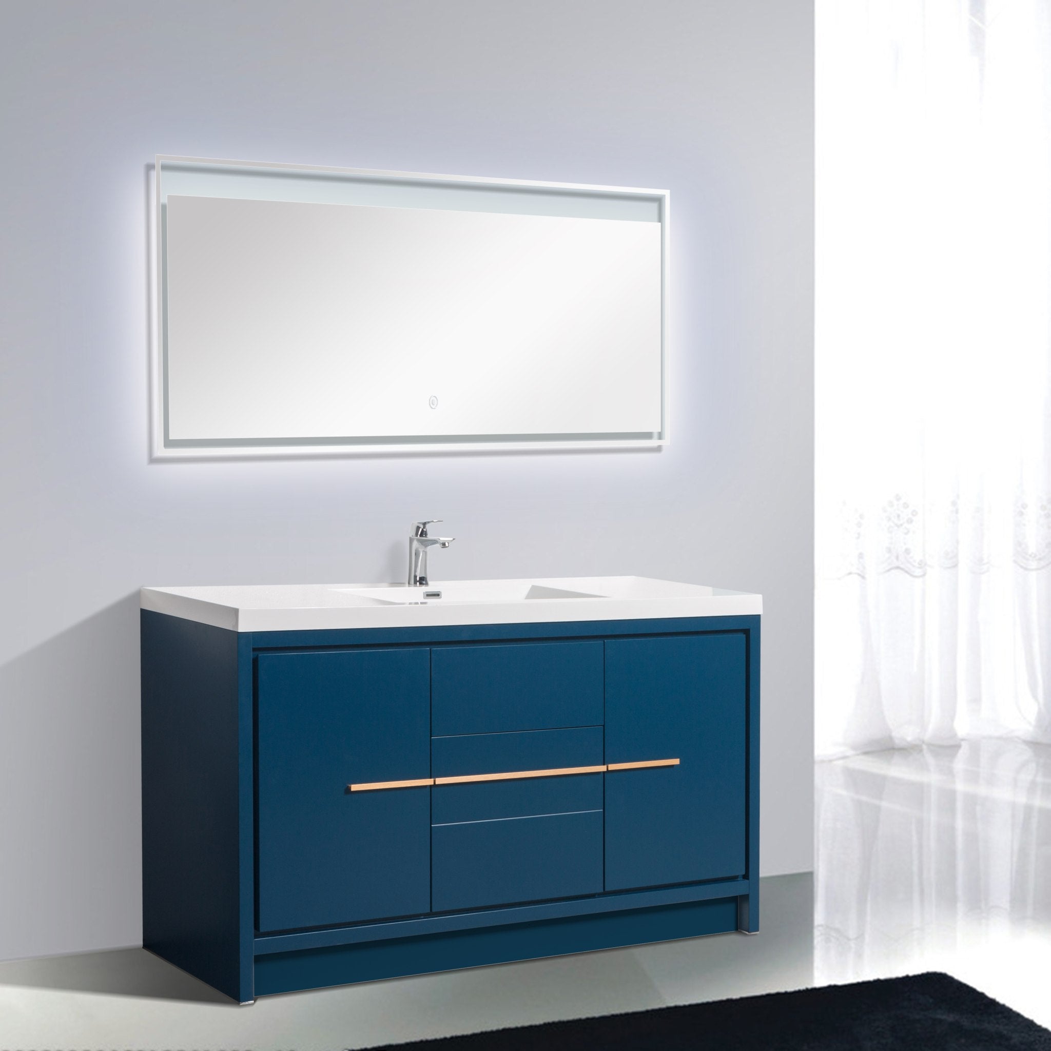 Granada 59 Matte Blue With Brush Rose Gold Handle Cabinet, Square Cultured Marble Single Sink, Free Standing Modern Vanity Set