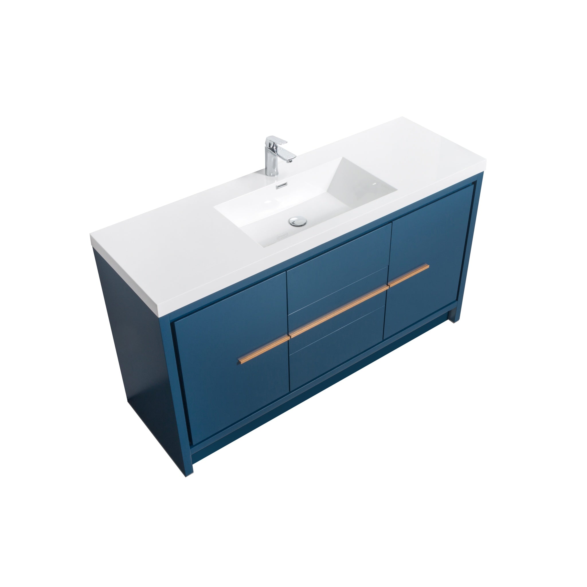 Granada 59 Matte Blue With Brush Rose Gold Handle Cabinet, Square Cultured Marble Single Sink, Free Standing Modern Vanity Set