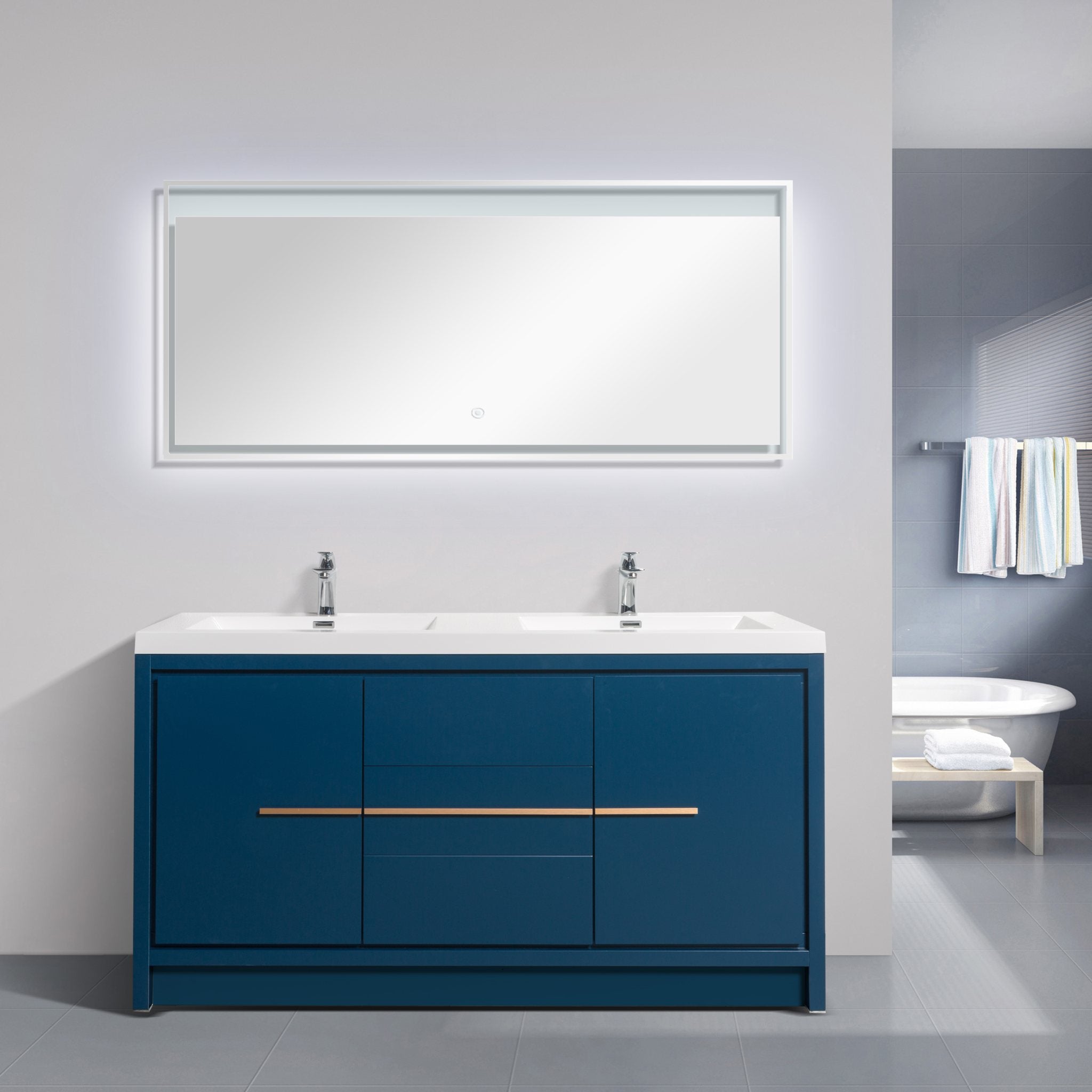 Granada 59 Matte Blue With Brush Rose Gold Handle Cabinet, Square Cultured Marble Double Sink, Free Standing Modern Vanity Set
