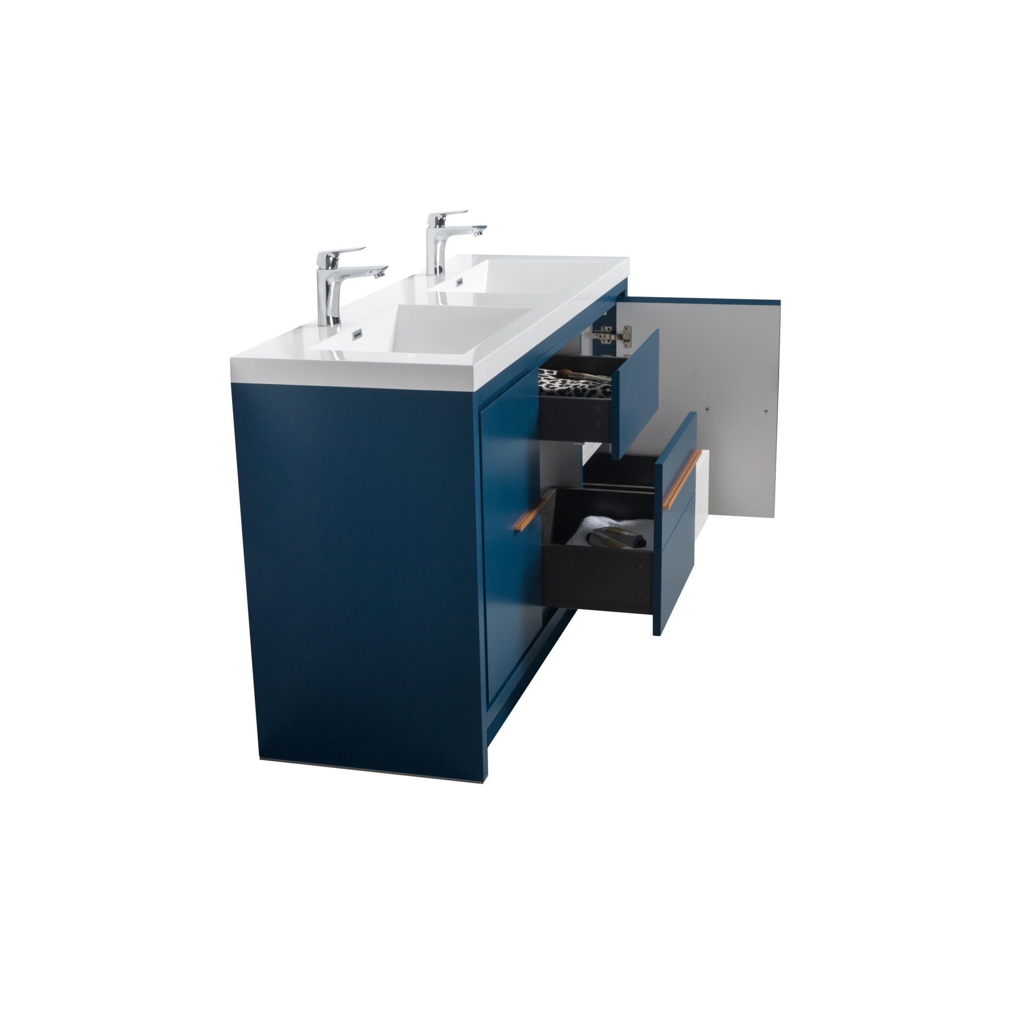 Granada 59 Matte Blue With Brush Rose Gold Handle Cabinet, Square Cultured Marble Double Sink, Free Standing Modern Vanity Set
