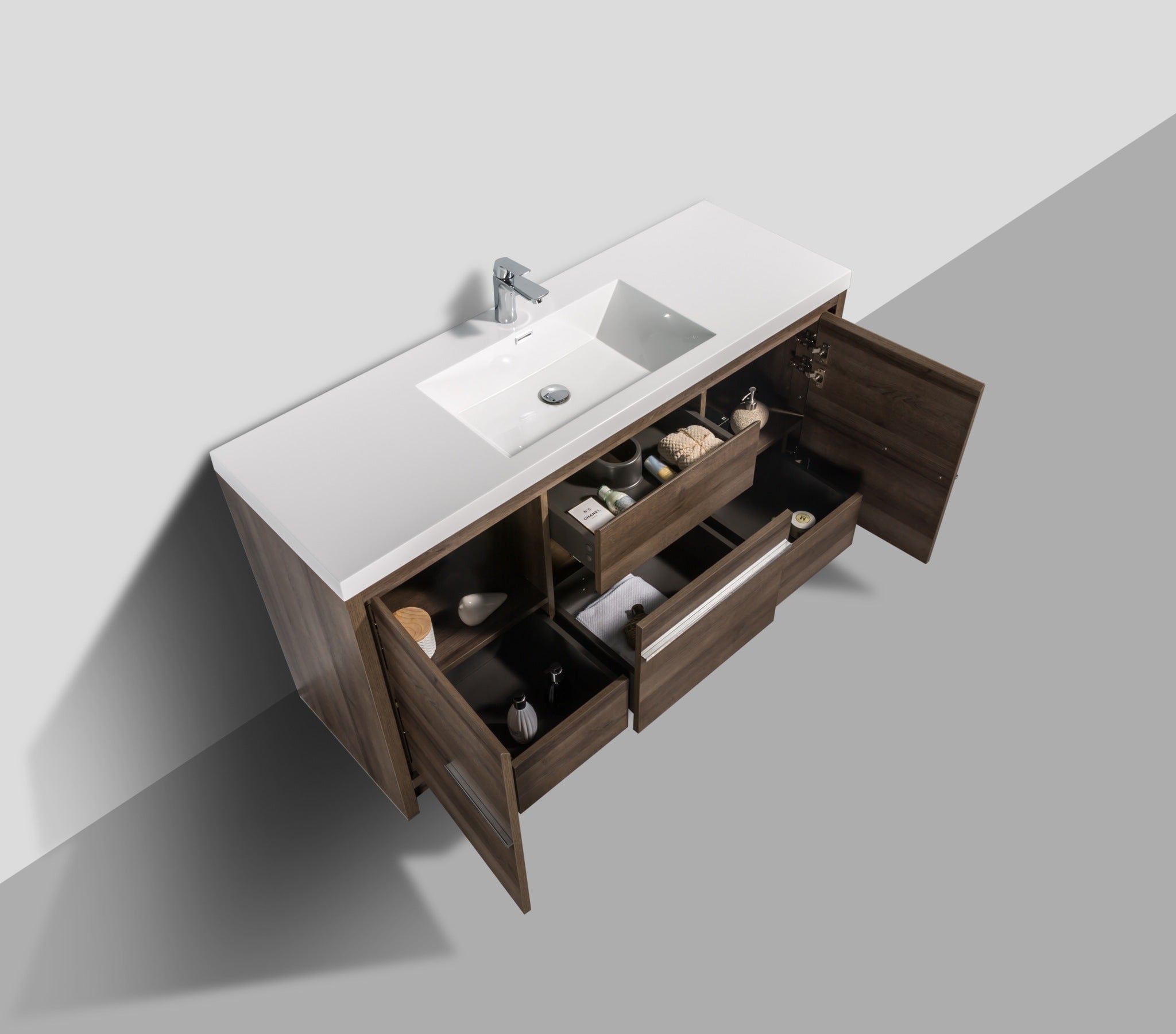 Granada 59 Brown Oak With Chrome Handle Cabinet, Square Cultured Marble Single Sink, Free Standing Modern Vanity Set