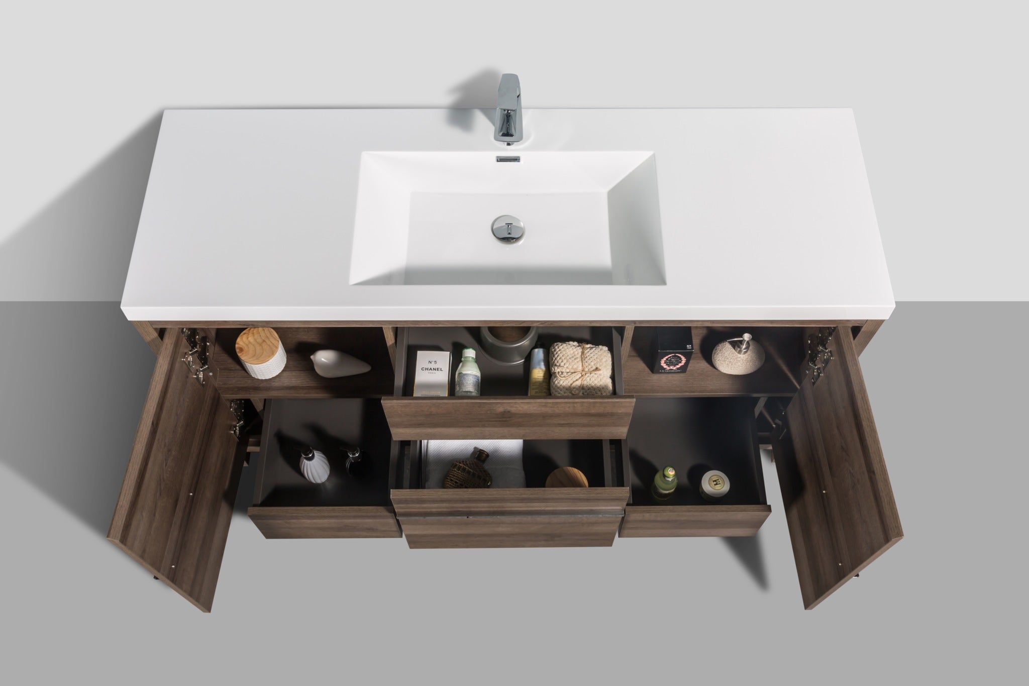 Granada 59 Brown Oak With Chrome Handle Cabinet, Square Cultured Marble Single Sink, Free Standing Modern Vanity Set