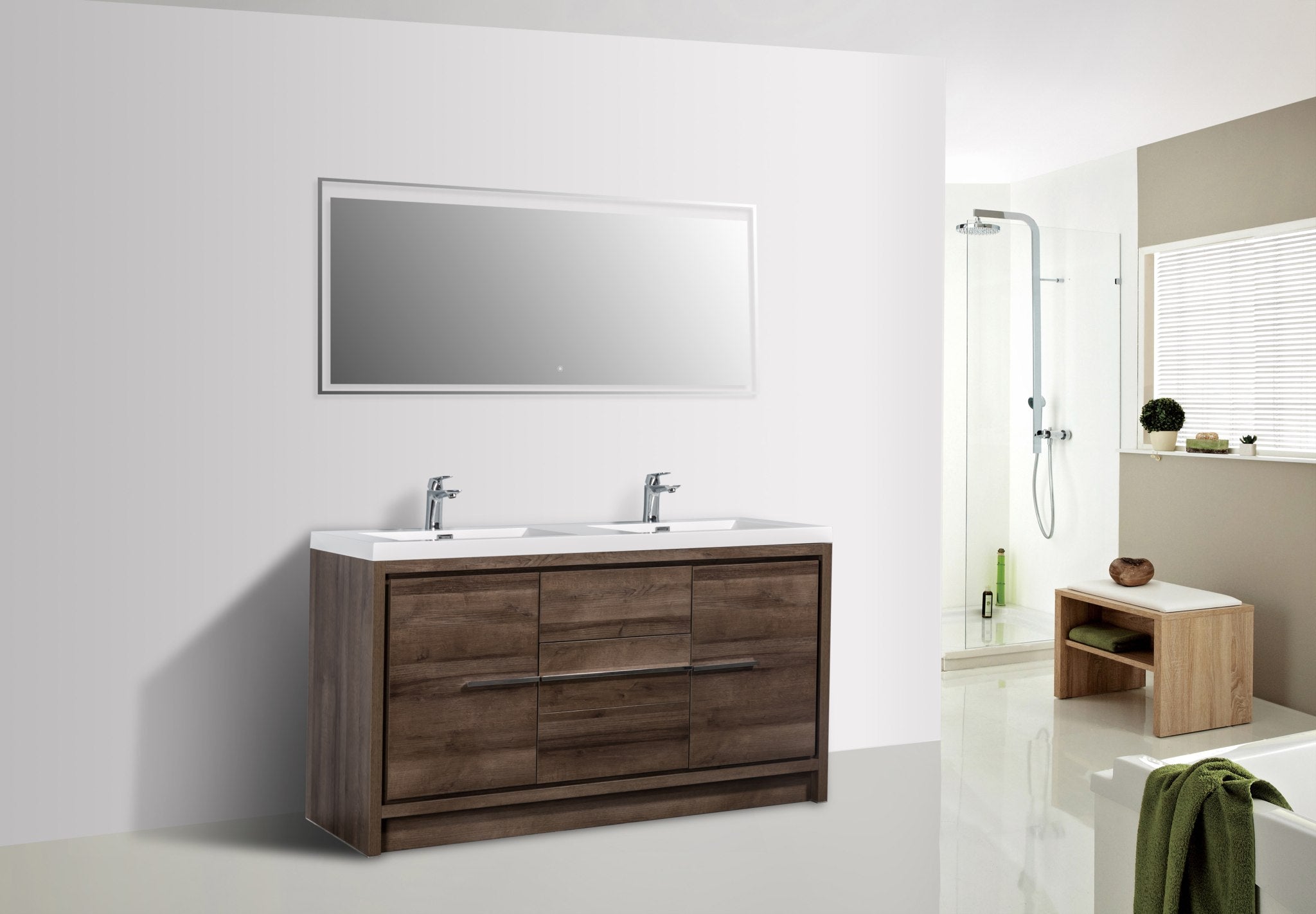 Granada 59 Brown Oak With Chrome Handle Cabinet, Square Cultured Marble Double Sink, Free Standing Modern Vanity Set 