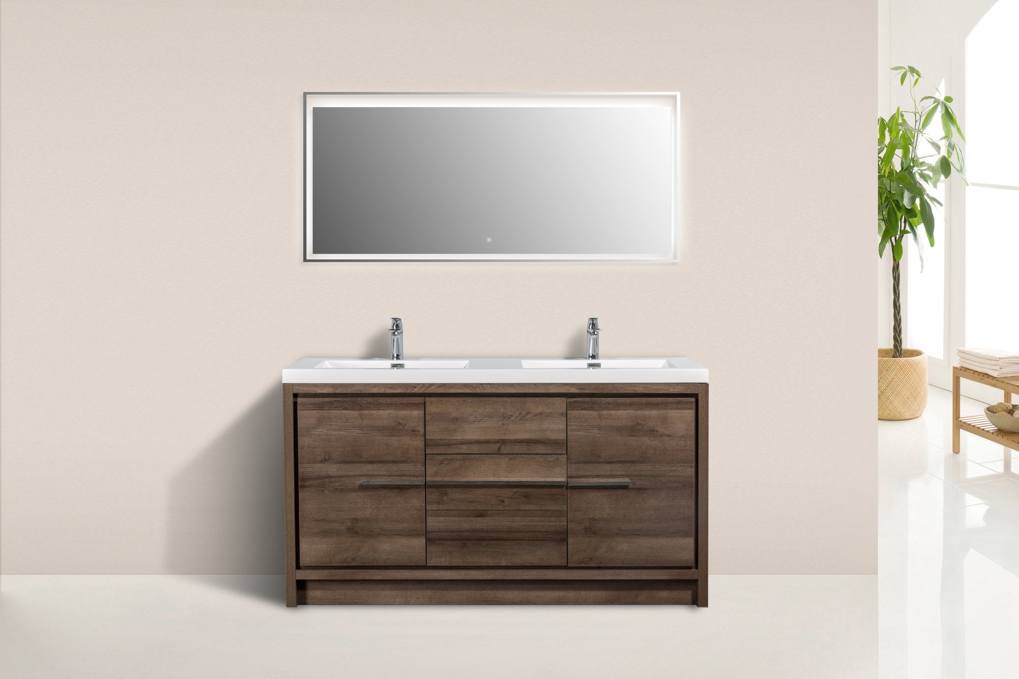 Granada 59 Brown Oak With Chrome Handle Cabinet, Square Cultured Marble Double Sink, Free Standing Modern Vanity Set