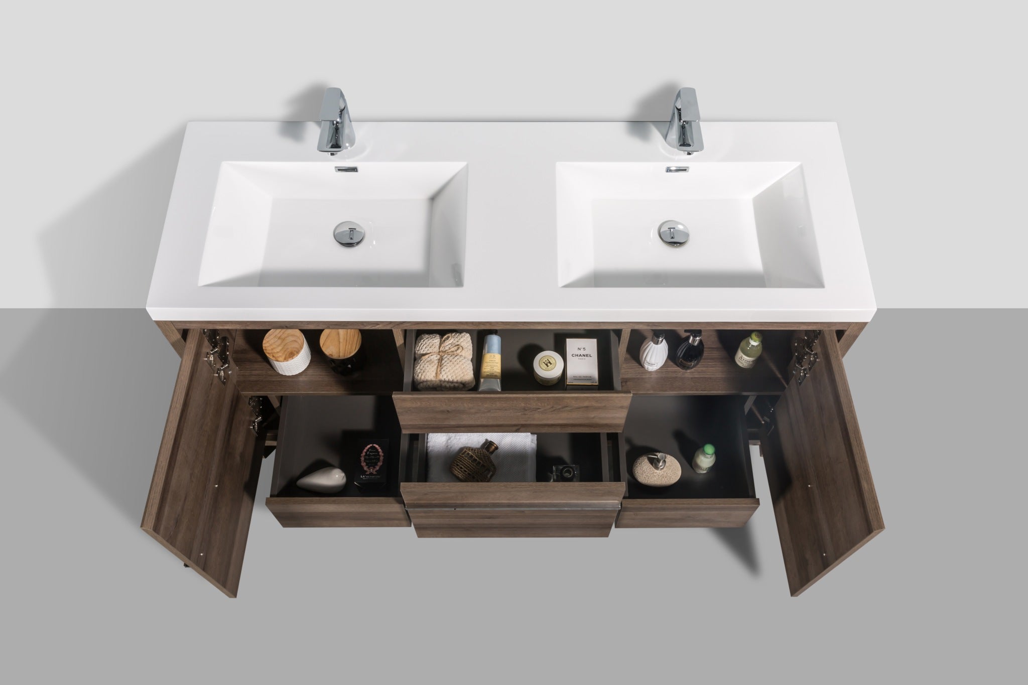 Granada 59 Brown Oak With Chrome Handle Cabinet, Square Cultured Marble Double Sink, Free Standing Modern Vanity Set