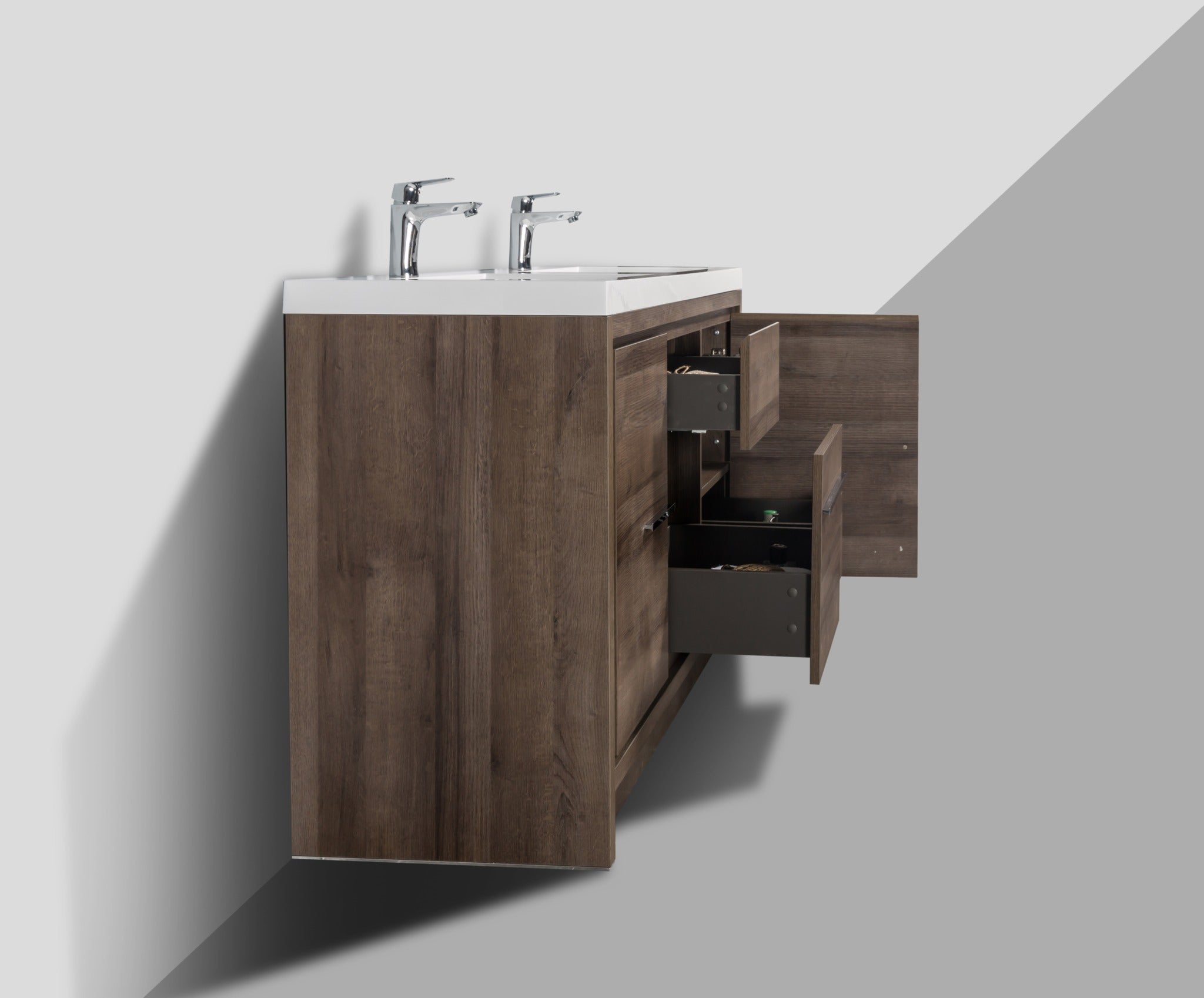 Granada 59 Brown Oak With Chrome Handle Cabinet, Square Cultured Marble Double Sink, Free Standing Modern Vanity Set