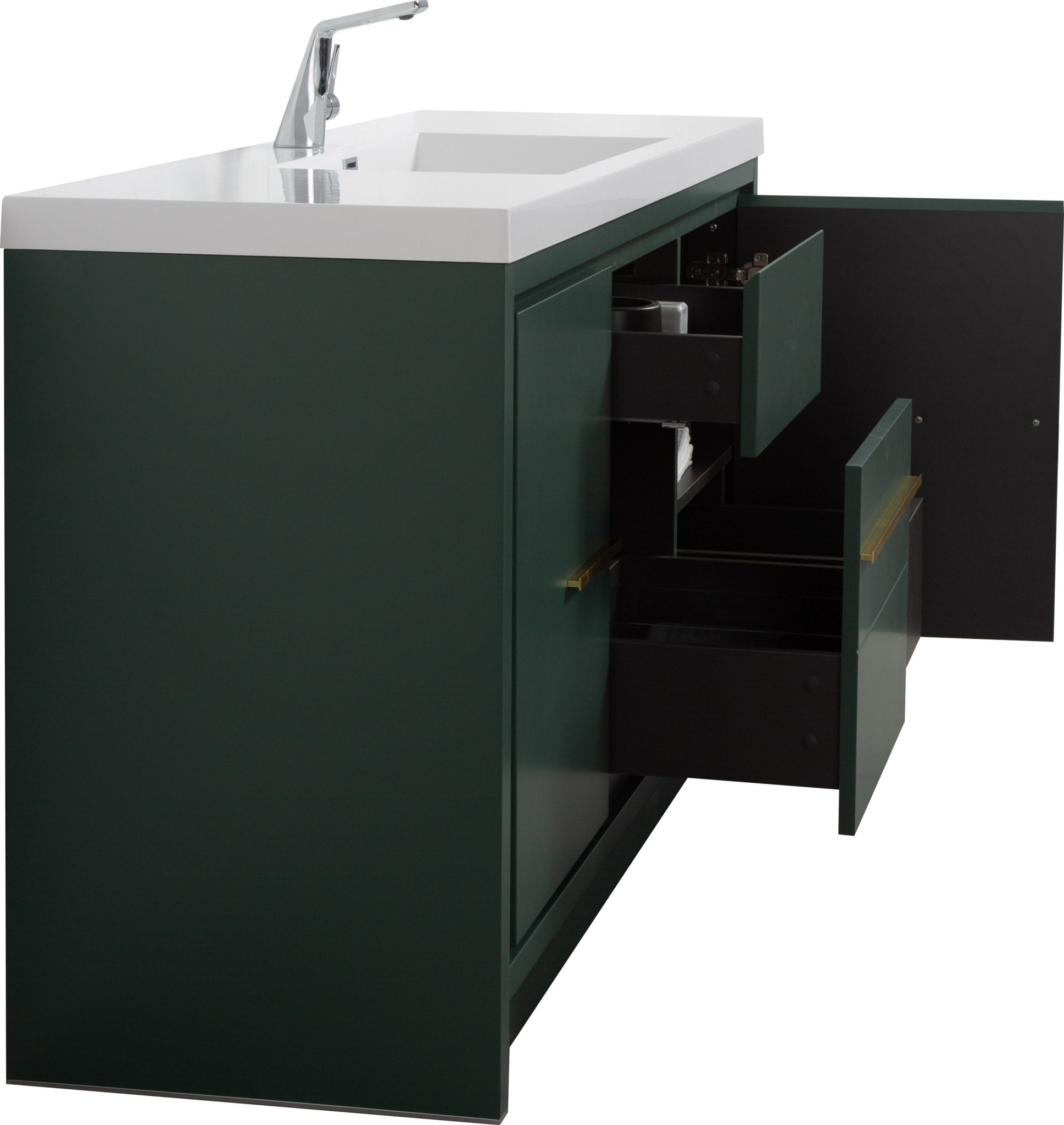 Granada 59 Nordic Green With Brush Gold Handle Cabinet, Square Cultured Marble Single Sink, Free Standing Modern Vanity Set