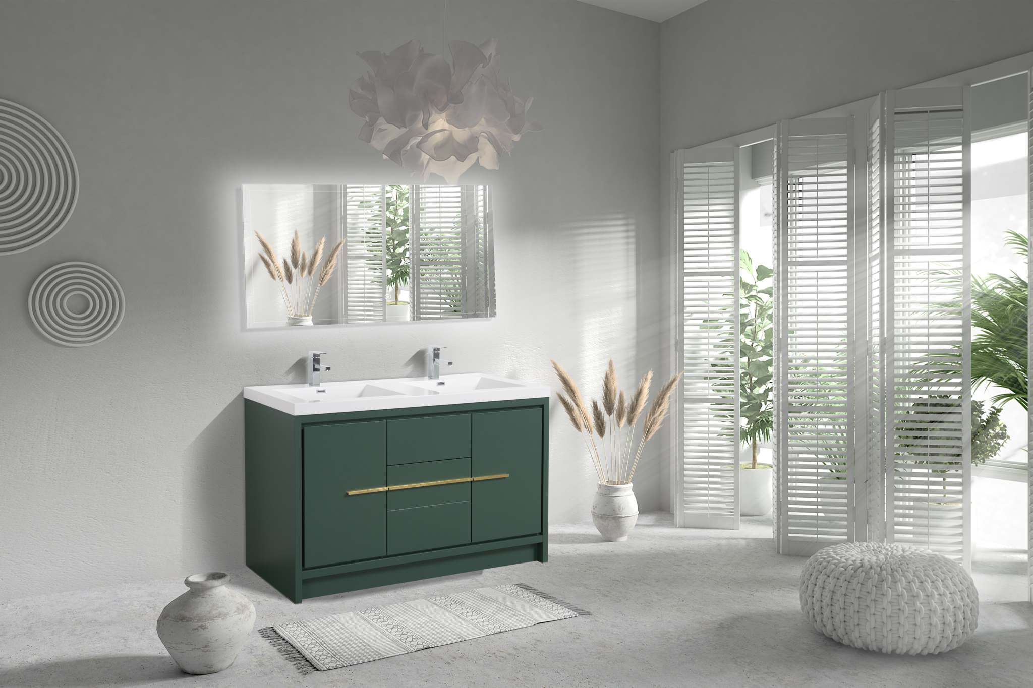 Granada 59 Nordic Green With Brush Gold Handle Cabinet, Square Cultured Marble Double Sink, Free Standing Modern Vanity Set 