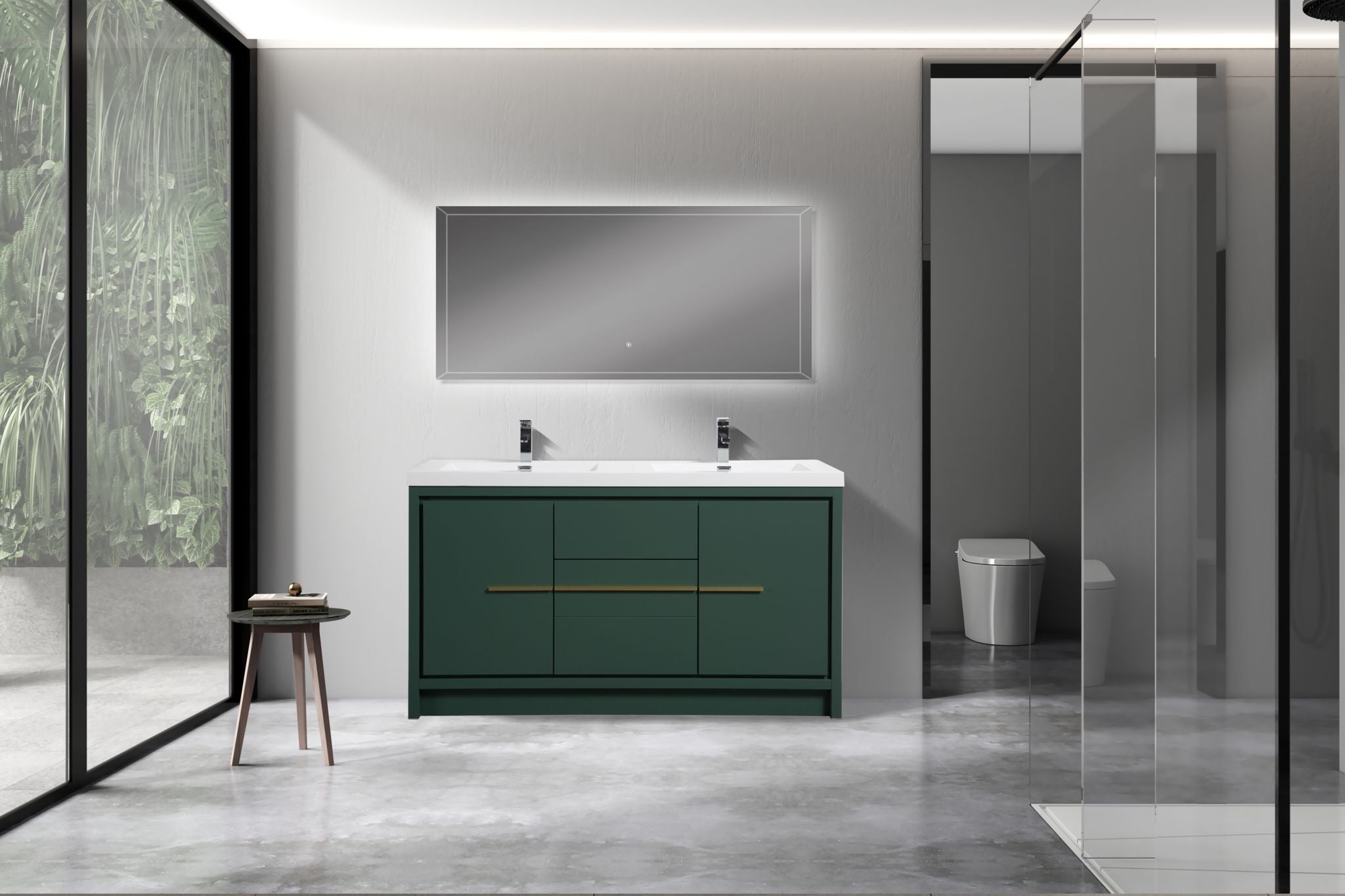 Granada 59 Nordic Green With Brush Gold Handle Cabinet, Square Cultured Marble Double Sink, Free Standing Modern Vanity Set 