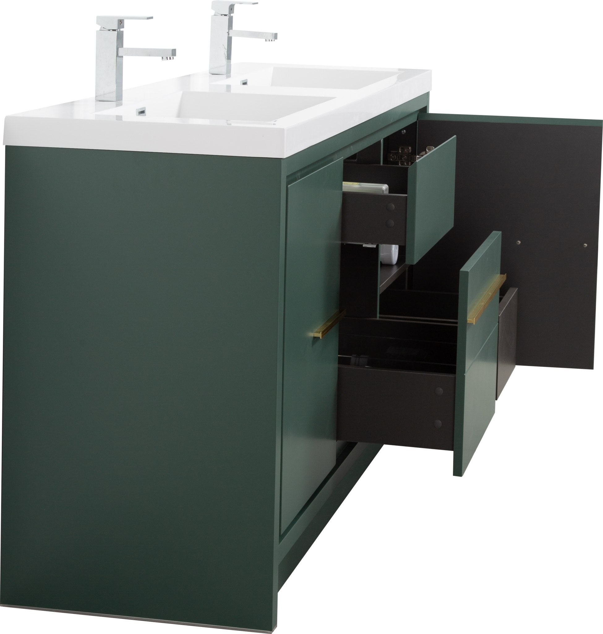 Granada 59 Nordic Green With Brush Gold Handle Cabinet, Square Cultured Marble Double Sink, Free Standing Modern Vanity Set