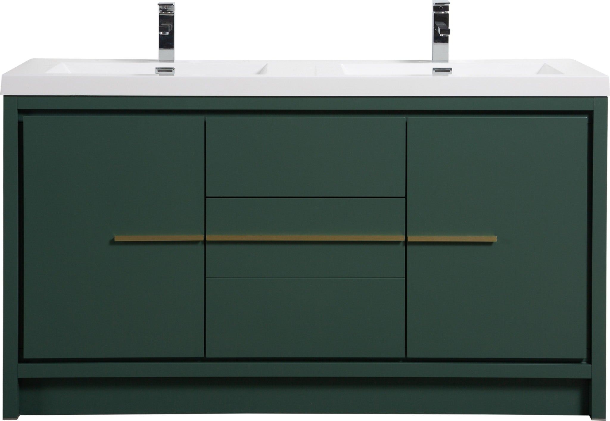 Granada 59 Nordic Green With Brush Gold Handle Cabinet, Square Cultured Marble Double Sink, Free Standing Modern Vanity Set