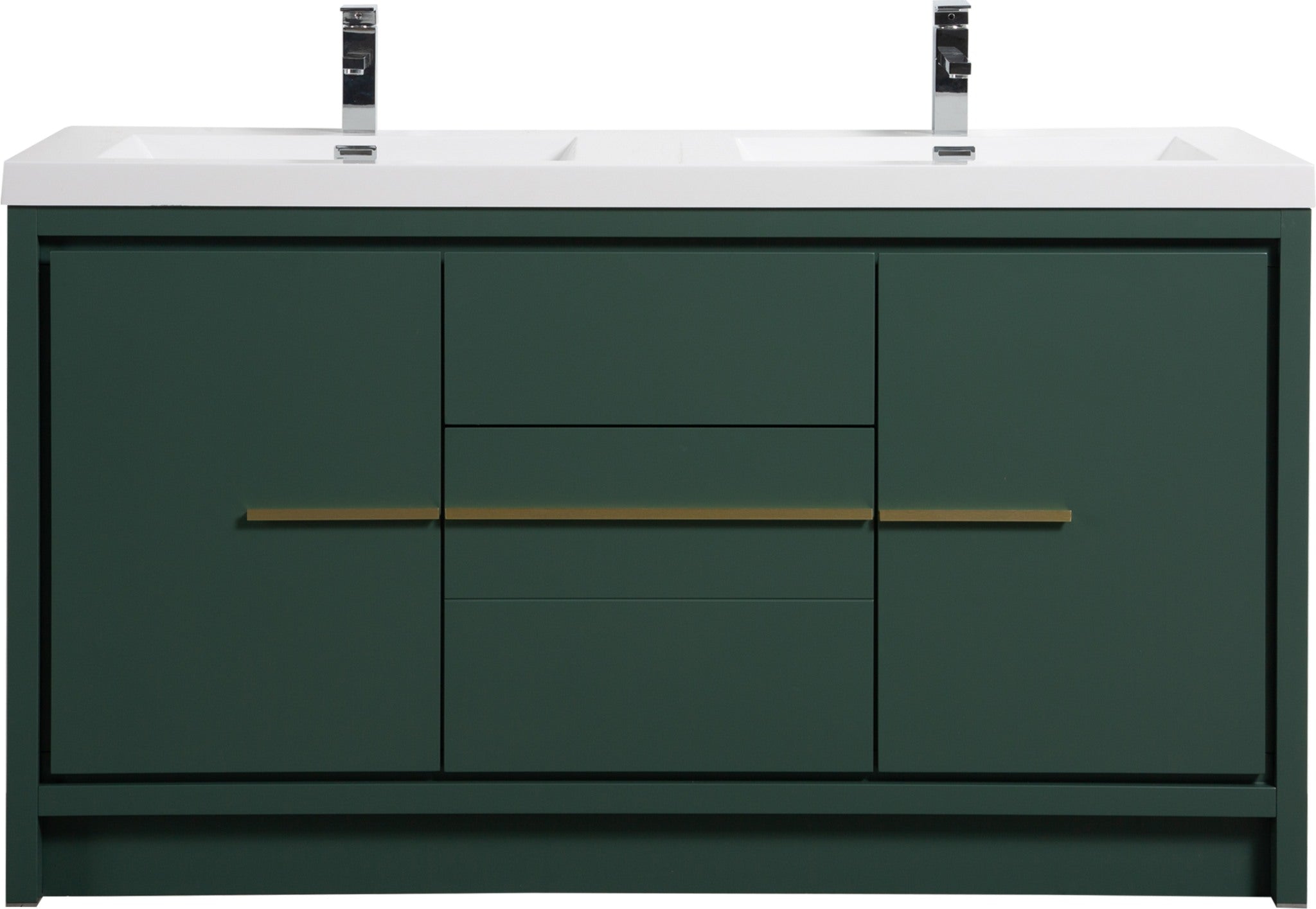 Granada 59 Nordic Green With Brush Gold Handle Cabinet, Square Cultured Marble Double Sink, Free Standing Modern Vanity Set 