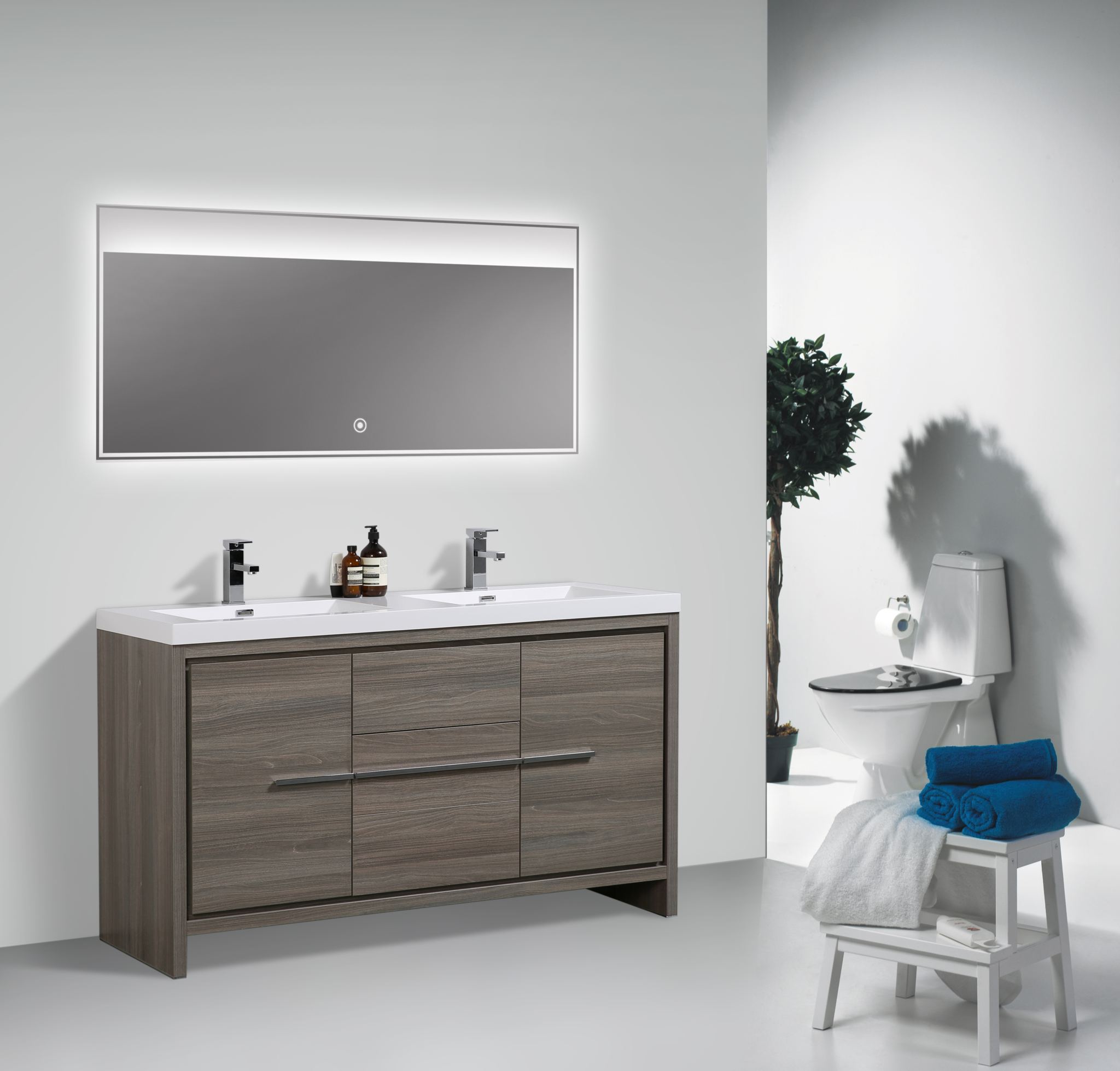 Granada 59 Maple Grey With Chrome Handle Cabinet, Square Cultured Marble Double Sink, Free Standing Modern Vanity Set 