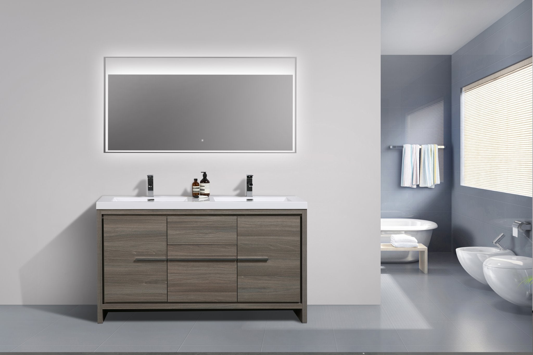 Granada 59 Maple Grey With Chrome Handle Cabinet, Square Cultured Marble Double Sink, Free Standing Modern Vanity Set