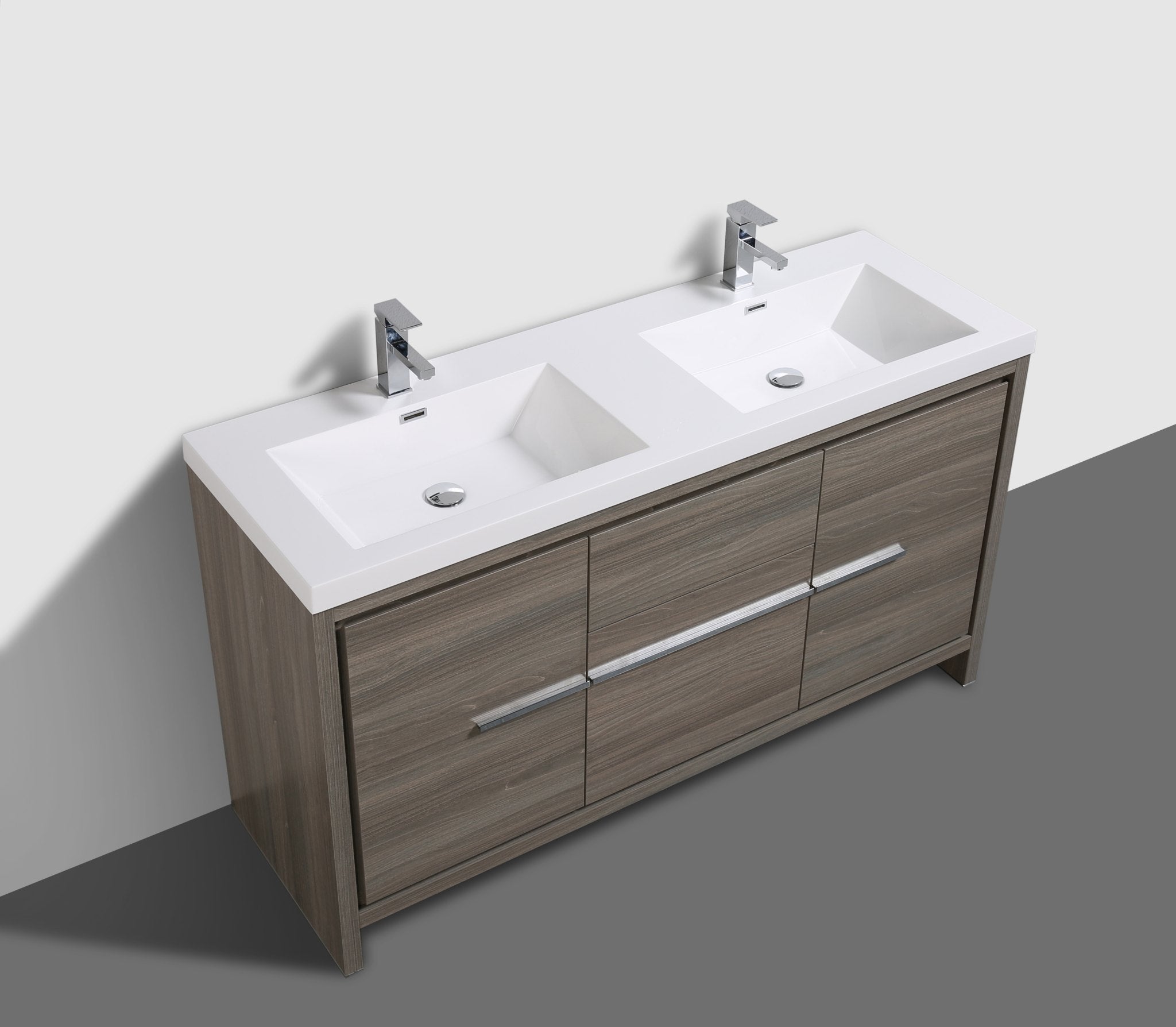 Granada 59 Maple Grey With Chrome Handle Cabinet, Square Cultured Marble Double Sink, Free Standing Modern Vanity Set