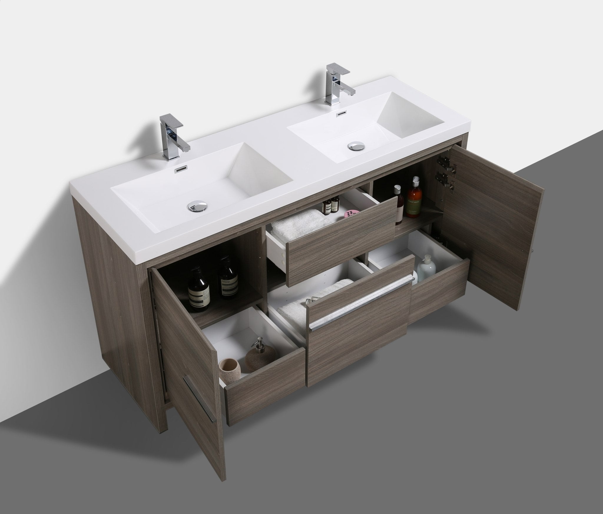 Granada 59 Maple Grey With Chrome Handle Cabinet, Square Cultured Marble Double Sink, Free Standing Modern Vanity Set