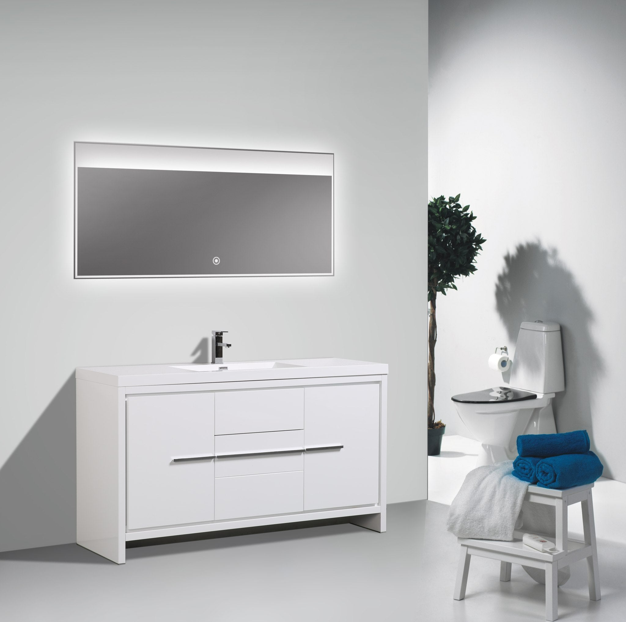 Granada 59 White High Gloss With Chrome Handle Cabinet, Square Cultured Marble Single Sink, Free Standing Modern Vanity Set