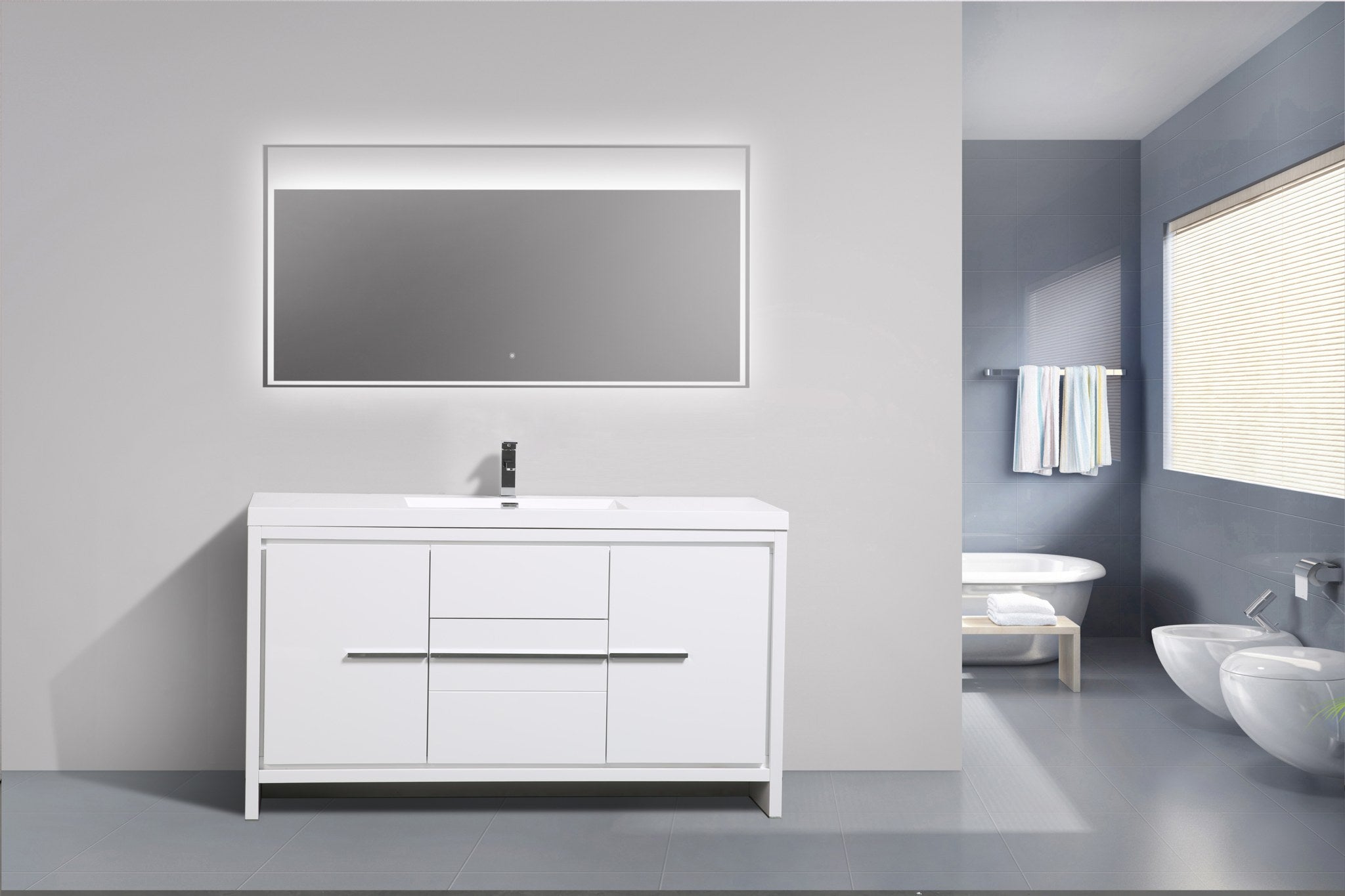 Granada 59 White High Gloss With Chrome Handle Cabinet, Square Cultured Marble Single Sink, Free Standing Modern Vanity Set 