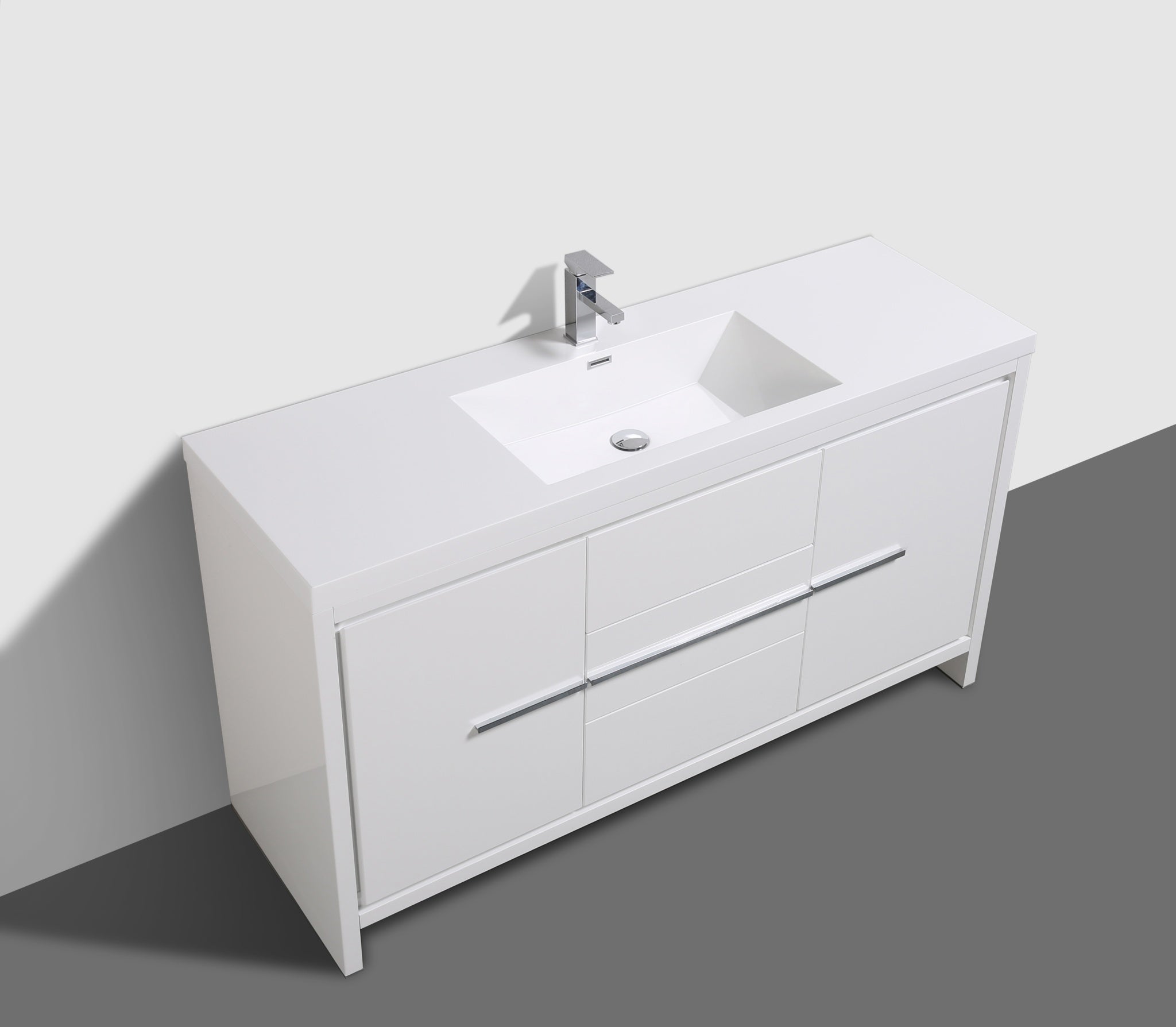 Granada 59 White High Gloss With Chrome Handle Cabinet, Square Cultured Marble Single Sink, Free Standing Modern Vanity Set