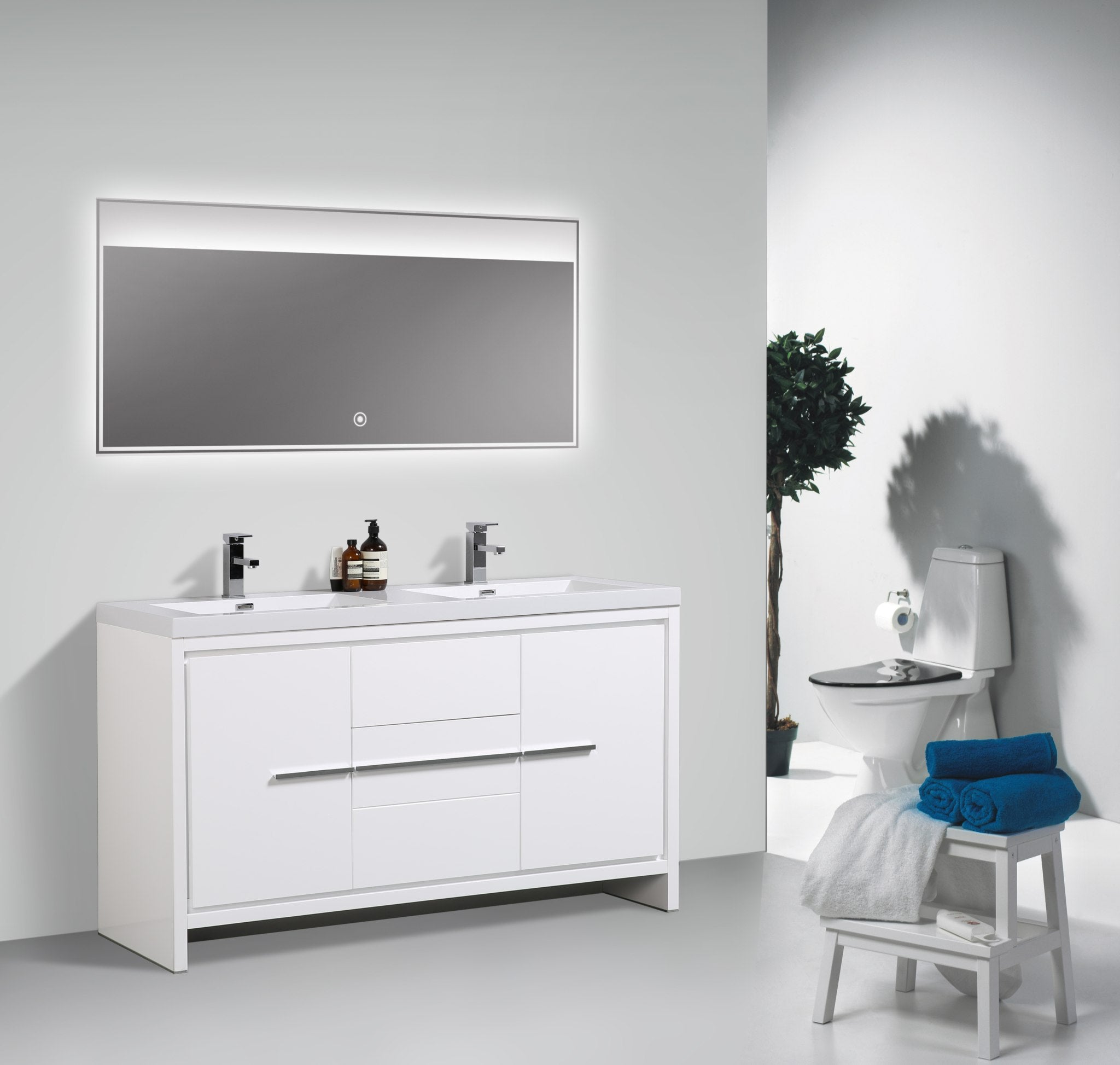 Granada 59 White High Gloss With Chrome Handle Cabinet, Square Cultured Marble Double Sink, Free Standing Modern Vanity Set 