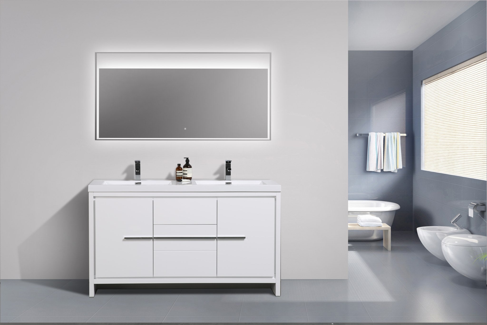 Granada 59 White High Gloss With Chrome Handle Cabinet, Square Cultured Marble Double Sink, Free Standing Modern Vanity Set 