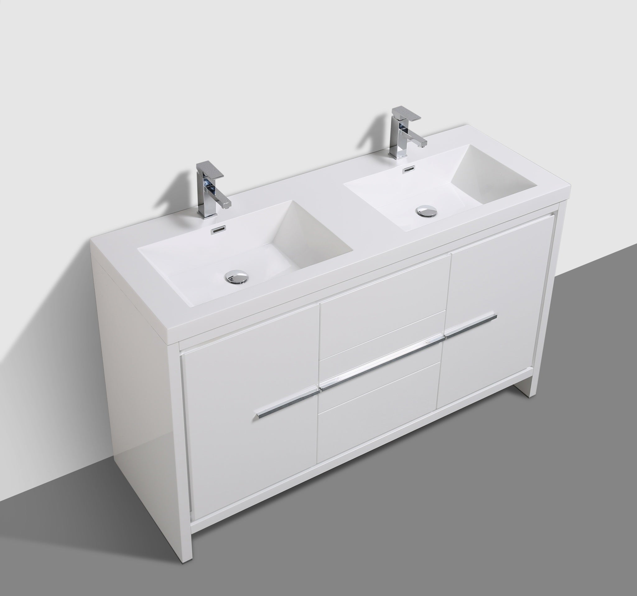 Granada 59 White High Gloss With Chrome Handle Cabinet, Square Cultured Marble Double Sink, Free Standing Modern Vanity Set
