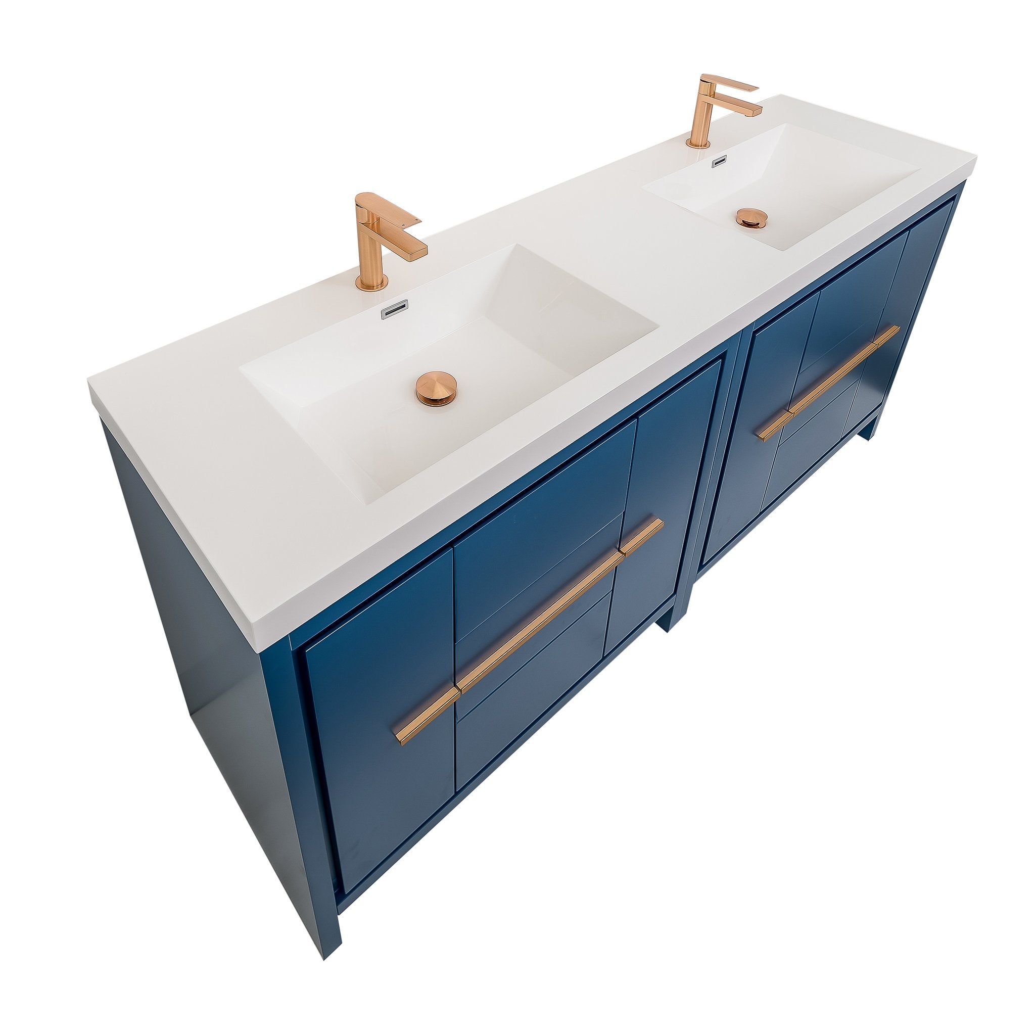Granada 71 Matte Blue With Brush Rose Gold Handle Cabinet, Square Cultured Marble Double Sink, Free Standing Modern Vanity Set