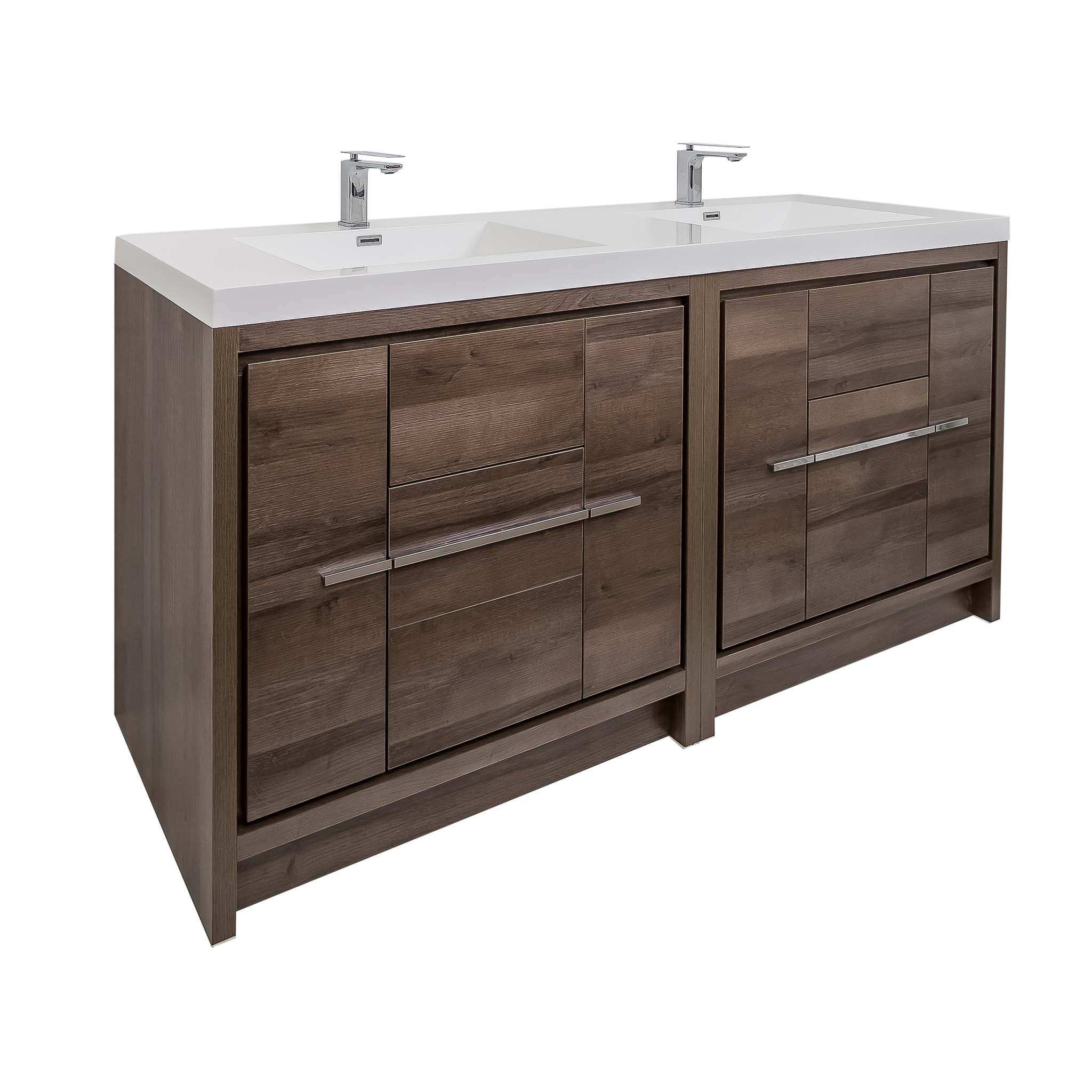 Granada 71 Brown Oak With Chrome Handle Cabinet, Square Cultured Marble Double Sink, Free Standing Modern Vanity Set 