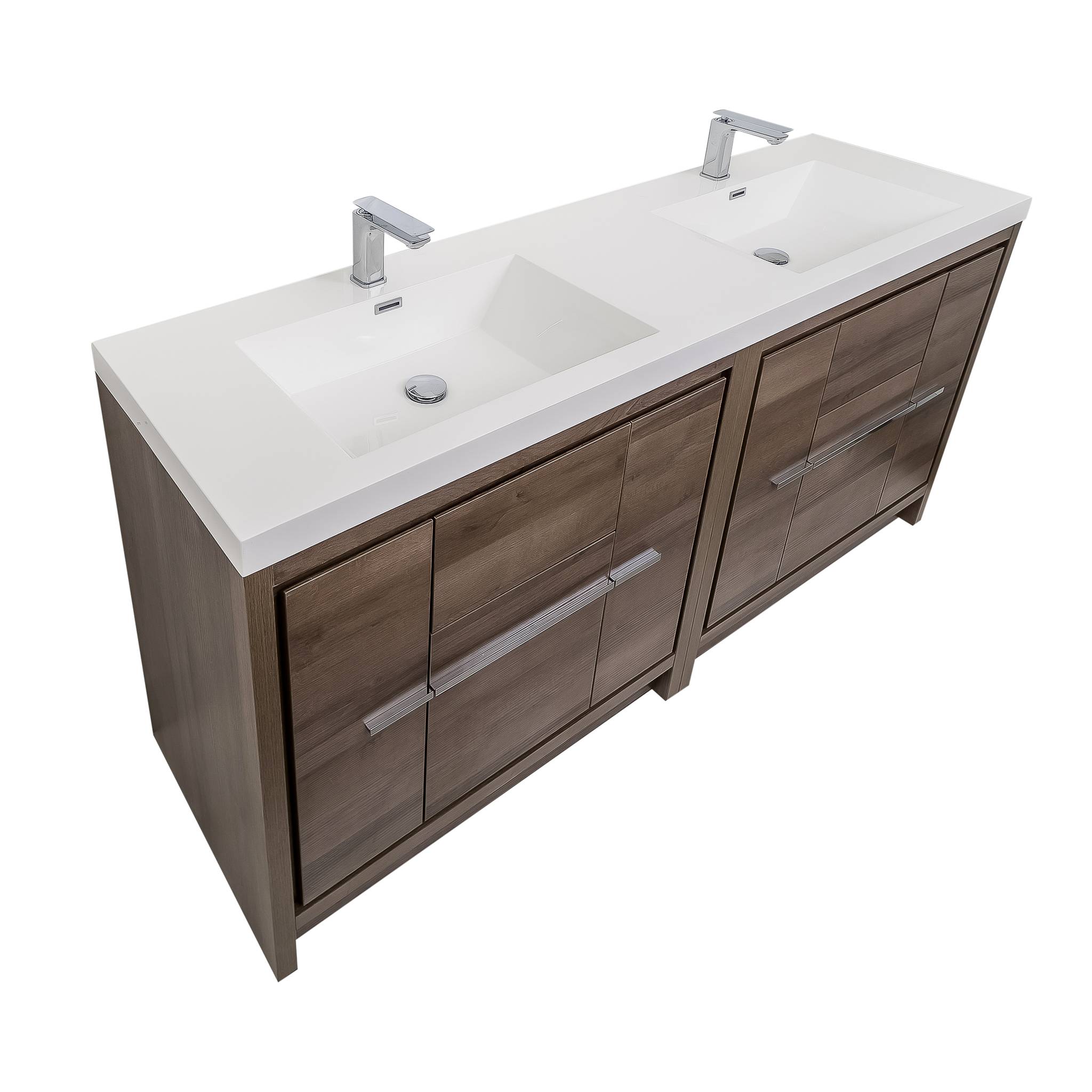 Granada 71 Brown Oak With Chrome Handle Cabinet, Square Cultured Marble Double Sink, Free Standing Modern Vanity Set