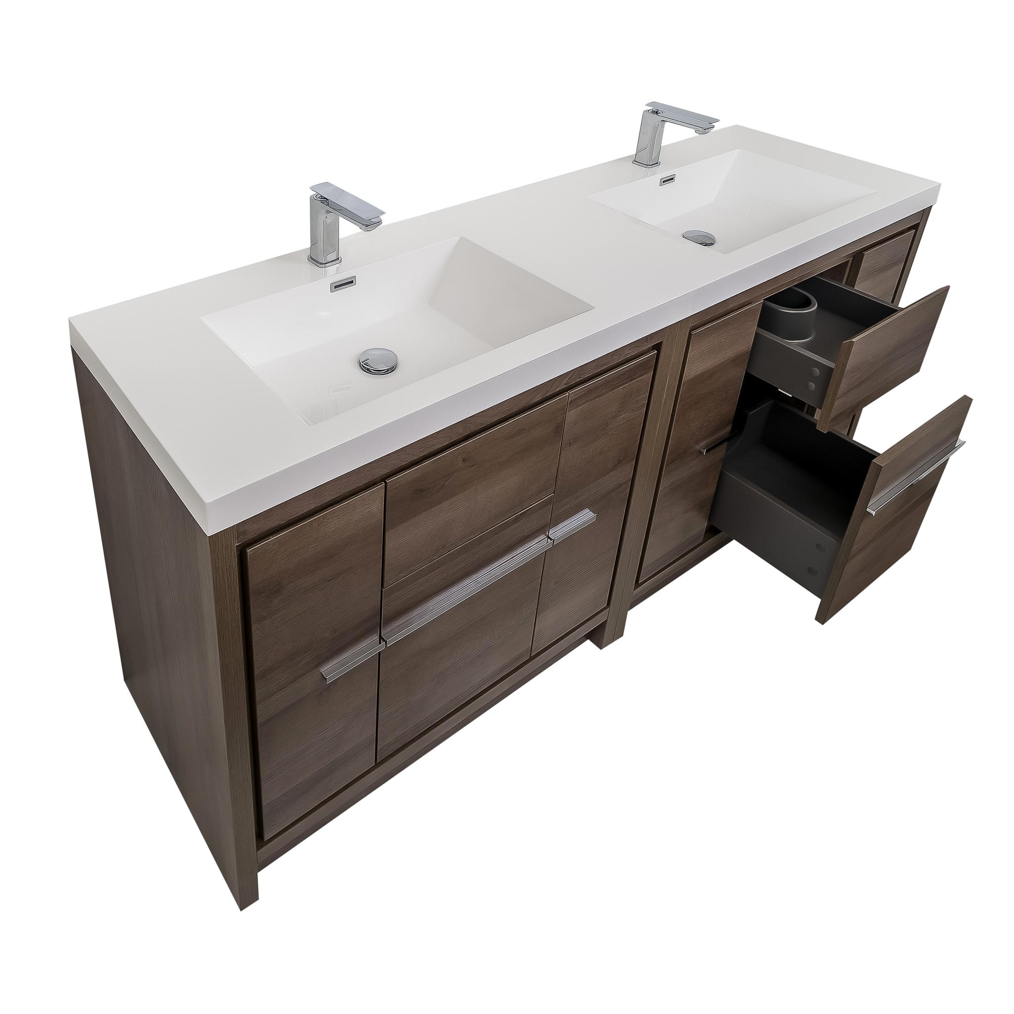 Granada 71 Brown Oak With Chrome Handle Cabinet, Square Cultured Marble Double Sink, Free Standing Modern Vanity Set 