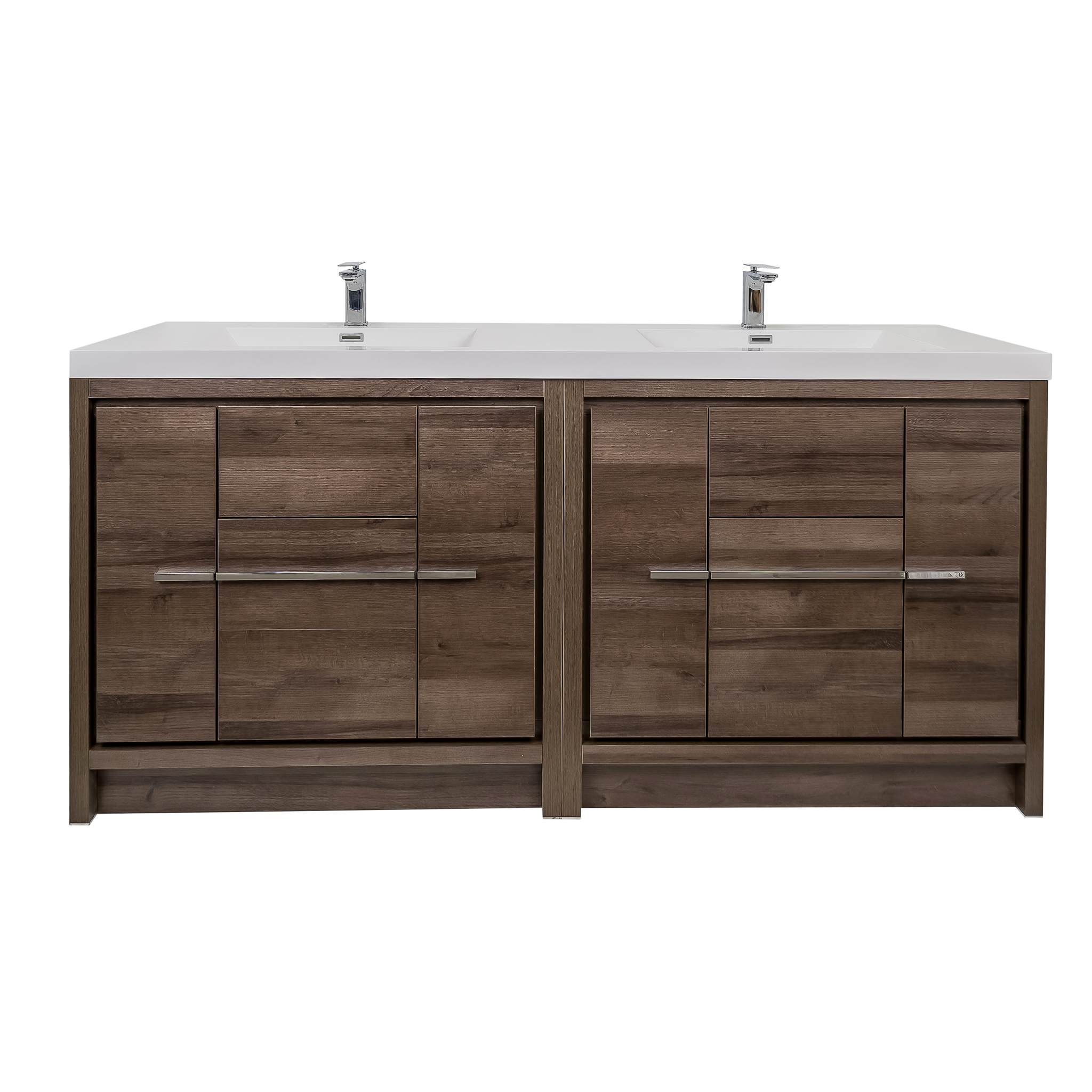 Granada 71 Brown Oak With Chrome Handle Cabinet, Square Cultured Marble Double Sink, Free Standing Modern Vanity Set