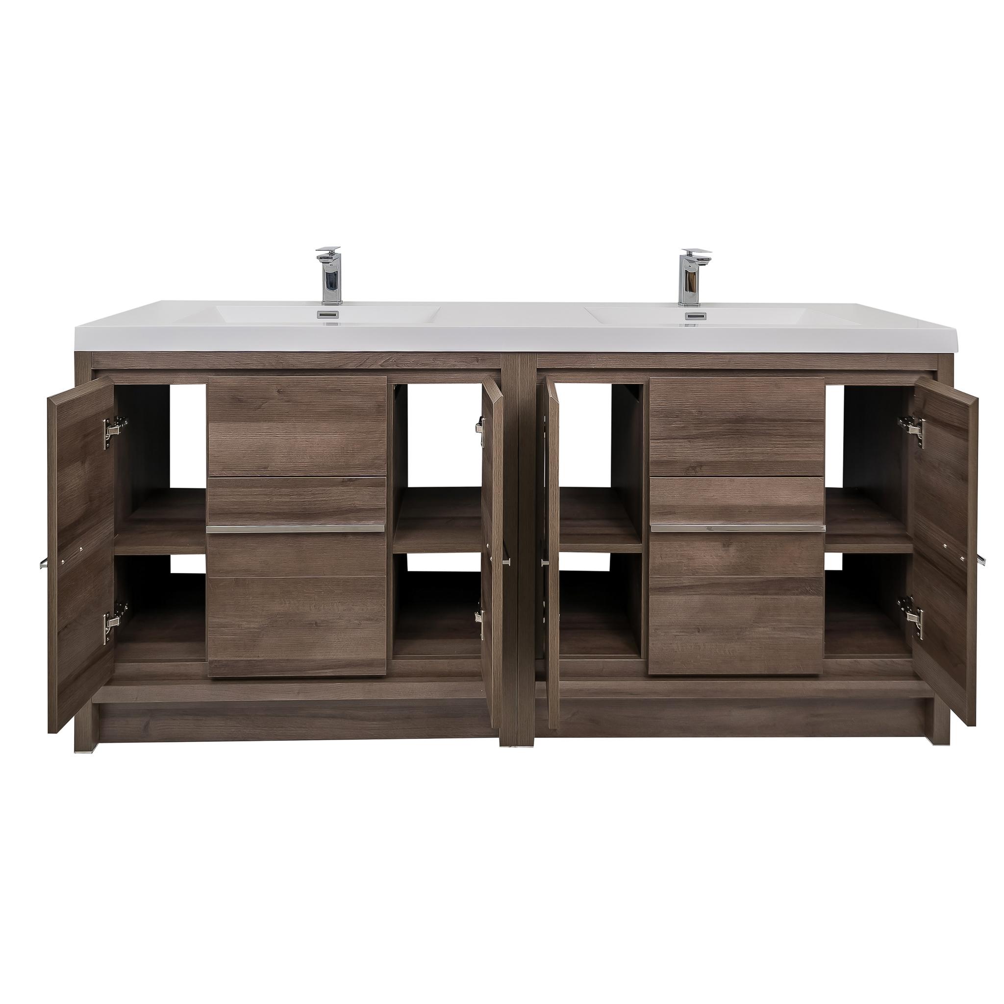 Granada 71 Brown Oak With Chrome Handle Cabinet, Square Cultured Marble Double Sink, Free Standing Modern Vanity Set 