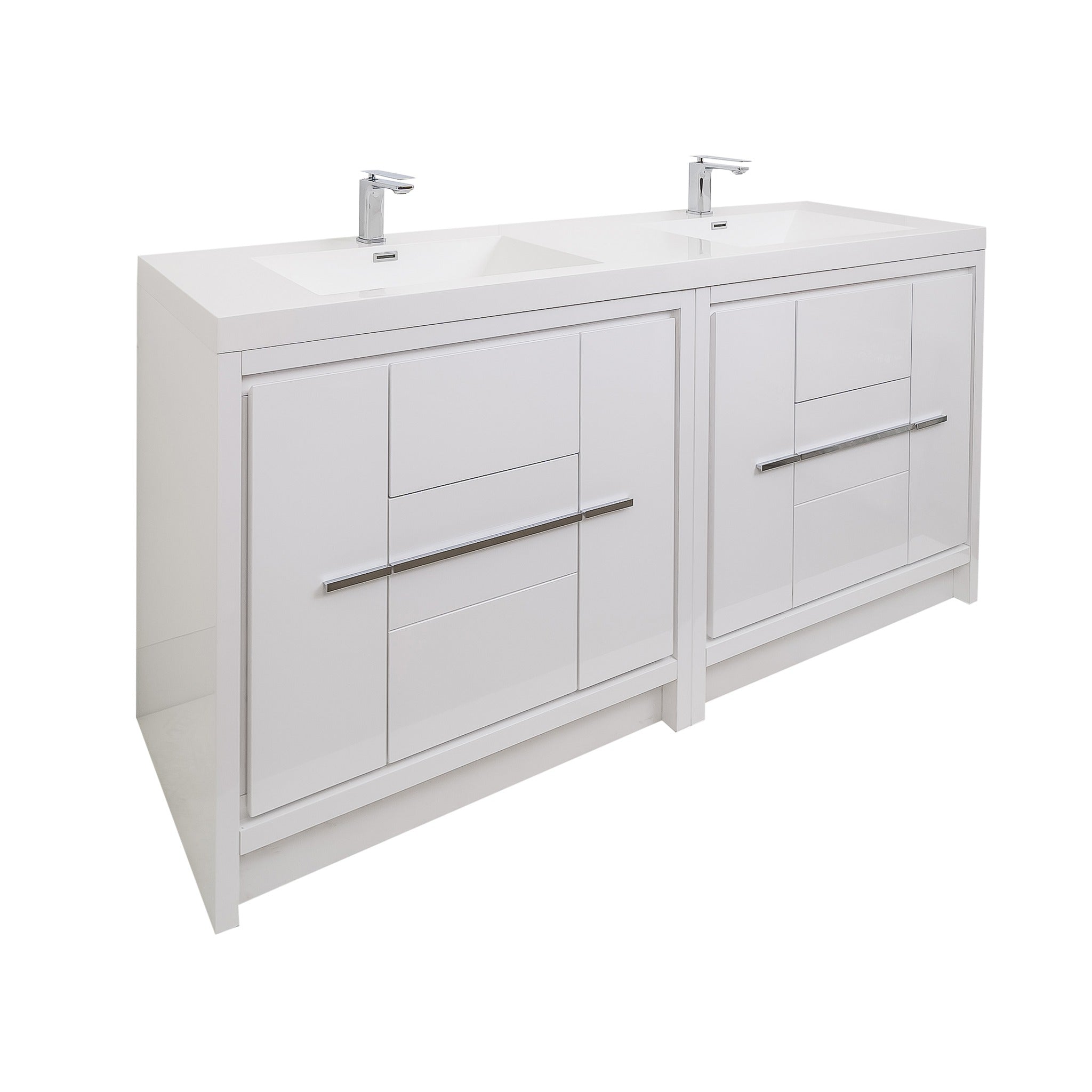 Granada 71 White High Gloss With Chrome Handle Cabinet, Square Cultured Marble Double Sink, Free Standing Modern Vanity Set 