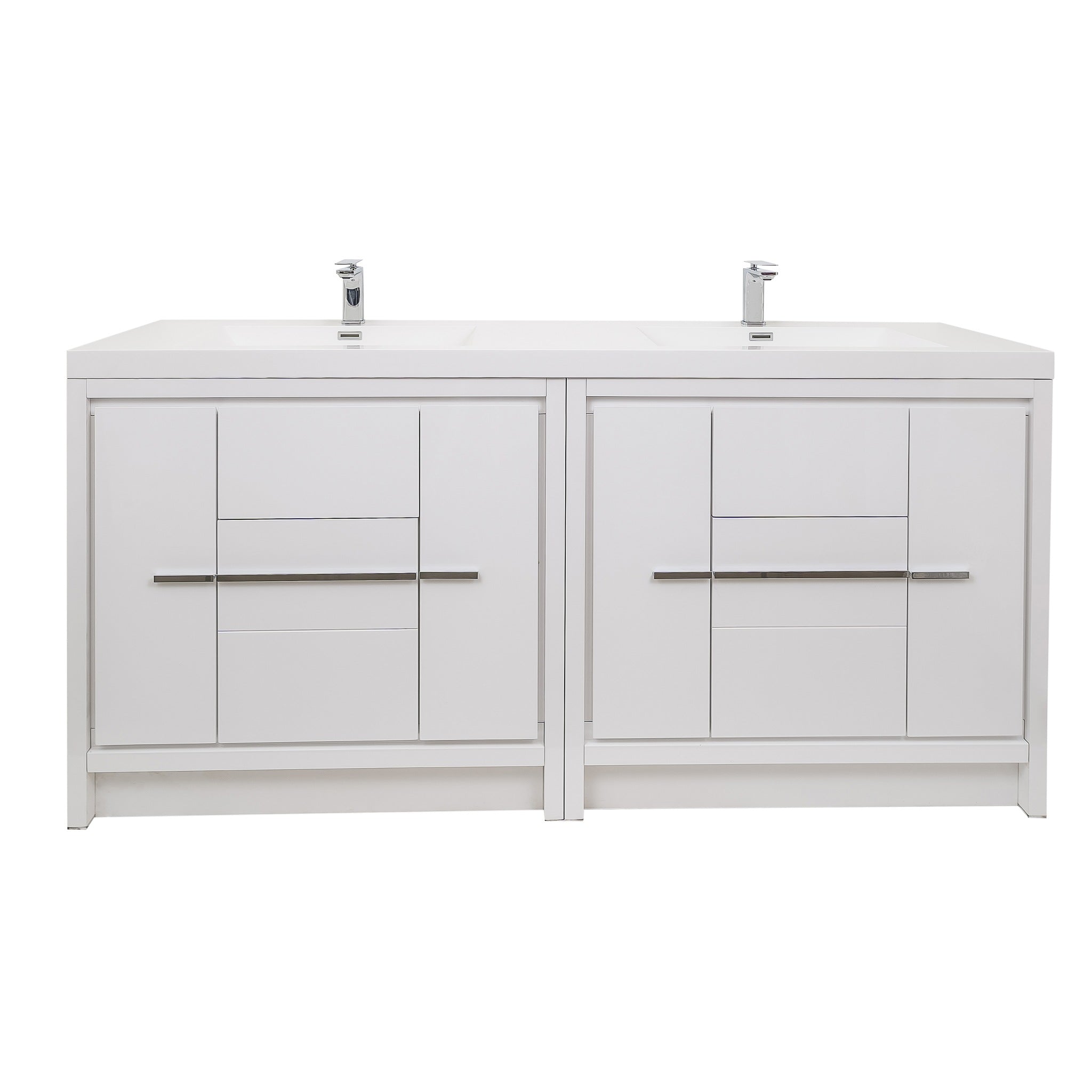 Granada 71 White High Gloss With Chrome Handle Cabinet, Square Cultured Marble Double Sink, Free Standing Modern Vanity Set
